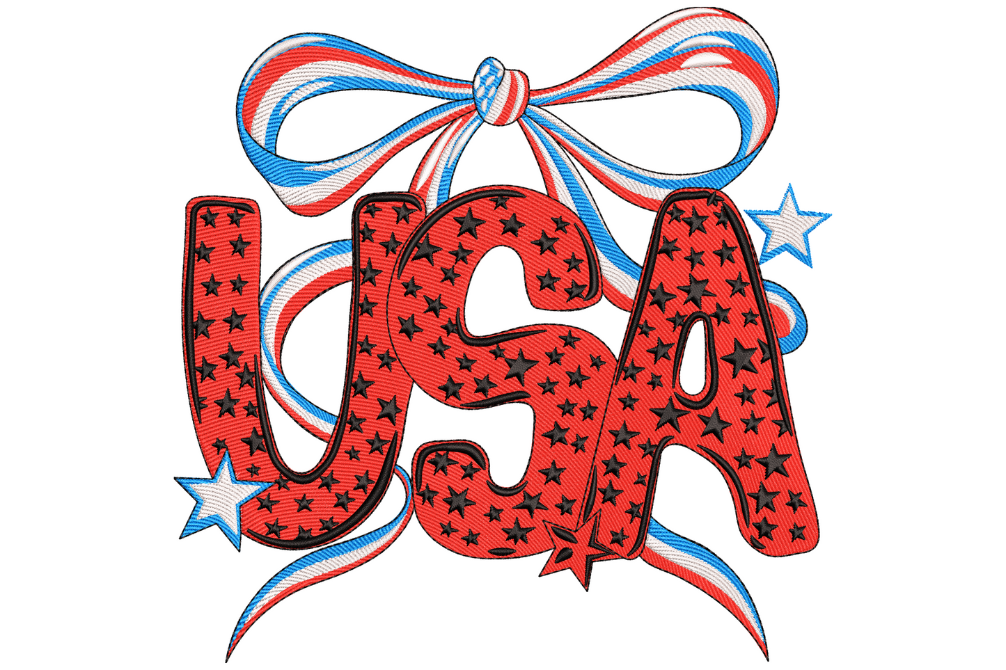 USA bow and stars embroidery with bold red block letters covered in black stars, a striped ribbon bow on top and outline blue stars.