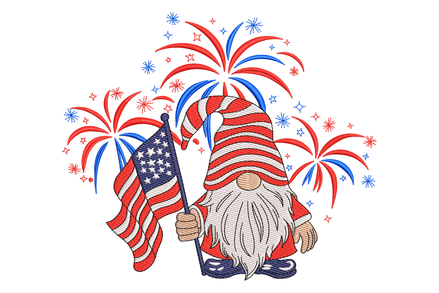 USA flag gnome with fireworks embroidery, red white and navy striped hat with gold sparkler, 6.4 by 7.5 inches, 6 colours