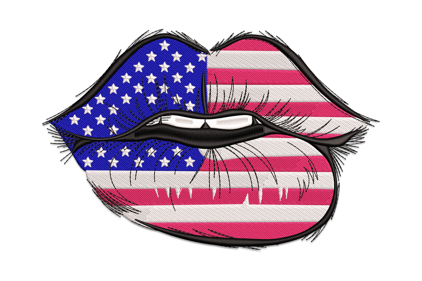 USA flag lips machine embroidery design, stars and stripes pattern inside lips shape in red, white, navy blue with dark outline