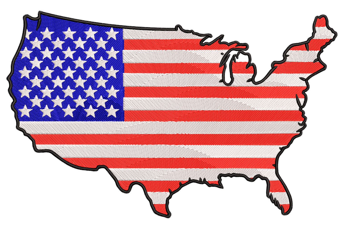 USA continental map silhouette filled with American flag stripes and blue star canton, embroidered patriotic design.