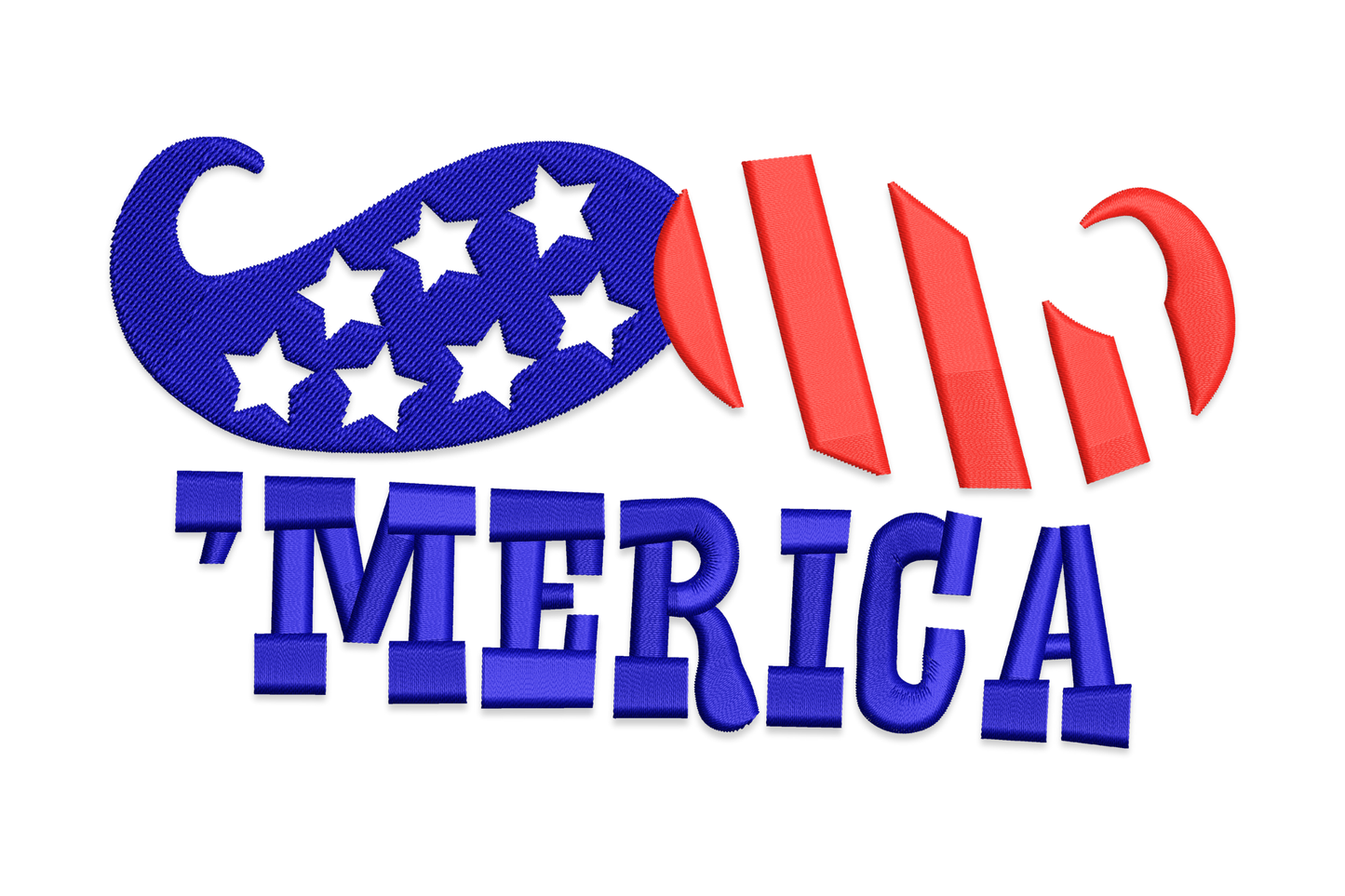 USA mustache America embroidery design with stars and stripes fill and bold 'MERICA text in dark blue and red.
