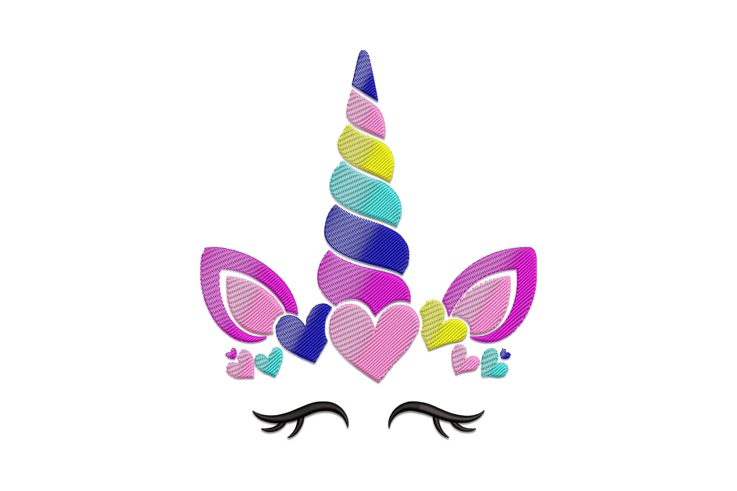 Unicorn face embroidery design with big lashed eyes, swirled horn, and pastel mane wisps in six colours on white background