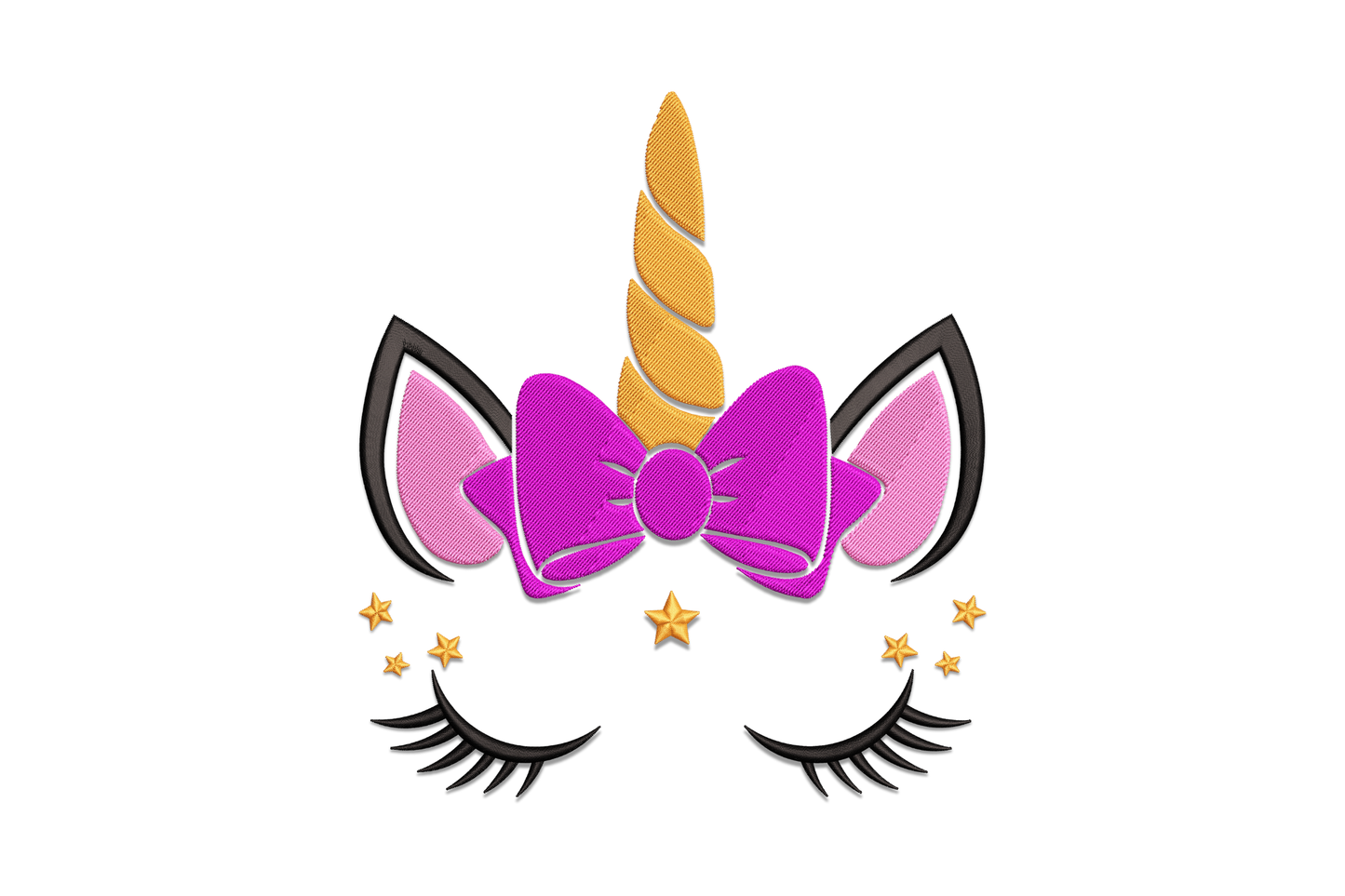 Unicorn face embroidery design with golden spiral horn magenta bow pink ears gold stars and long black eyelashes