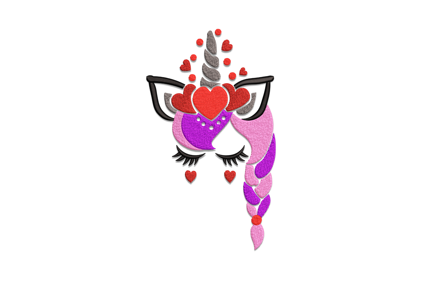 Unicorn face embroidery design with pink and purple braided mane grey horn red heart crown and scattered hearts with long eyelashes