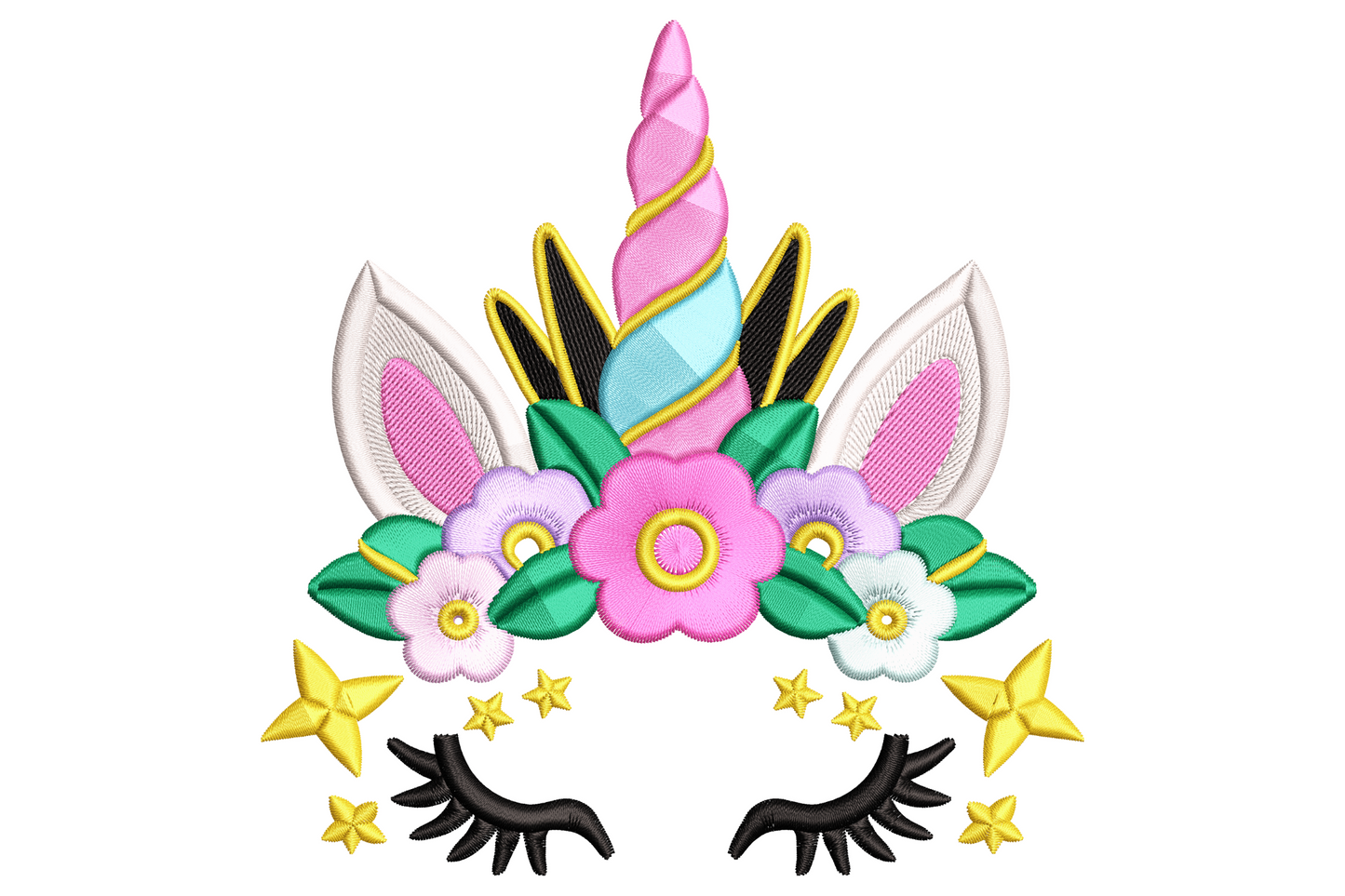 Unicorn floral face embroidery design with pink horn closed black lashes and a magenta lavender pansy flower crown.