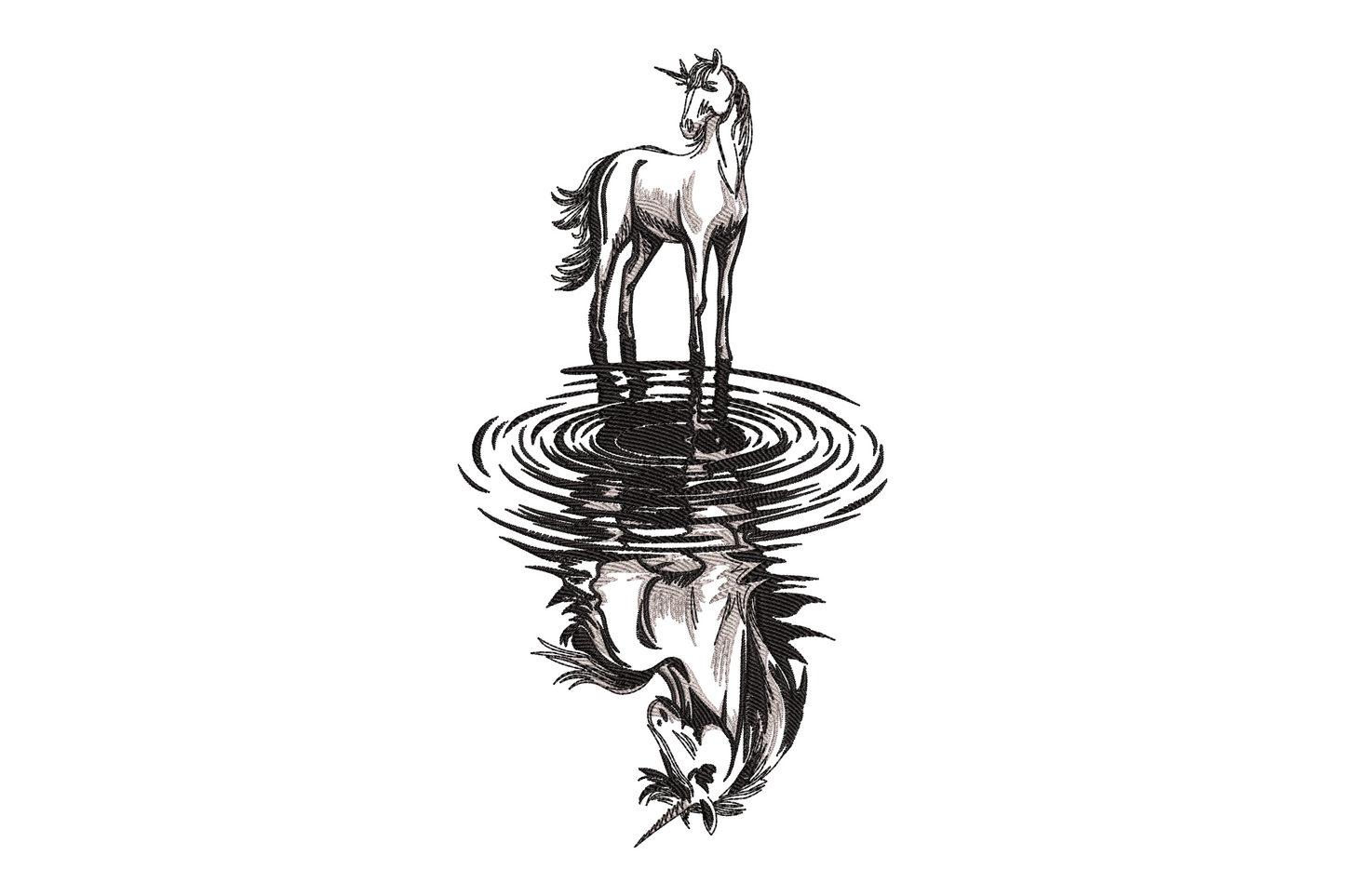 Unicorn reflection embroidery in black and white, serene unicorn above water with a dark distorted creature reflection below.