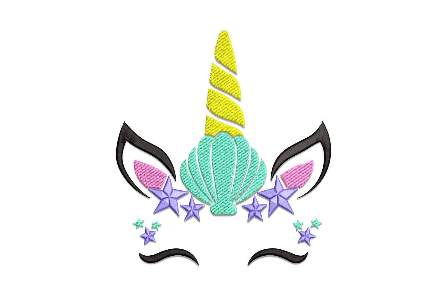 Mermaid unicorn face embroidery design with yellow horn teal scallop shell purple stars pink cheeks and long lashes