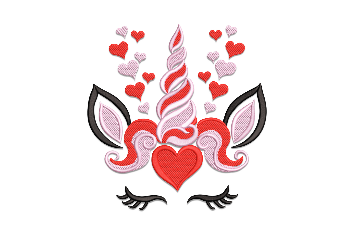Unicorn valentine heart embroidery design, cute cartoon unicorn with pink mane and gold horn, kids Valentine pattern