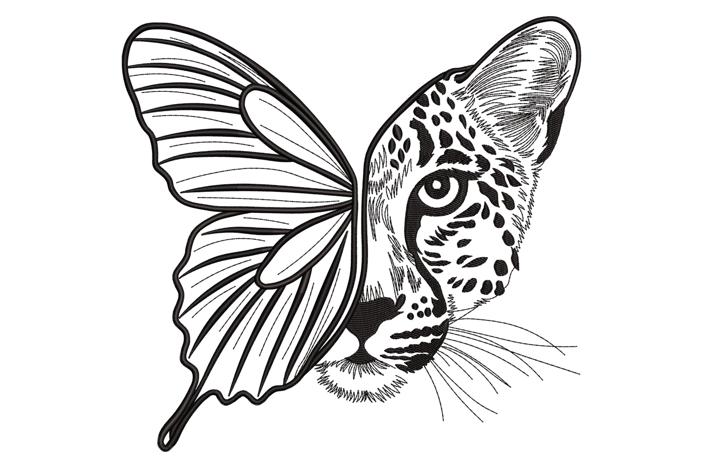 Butterfly cat face embroidery design split vertically, detailed butterfly wing on the left and spotted leopard cat on the right.