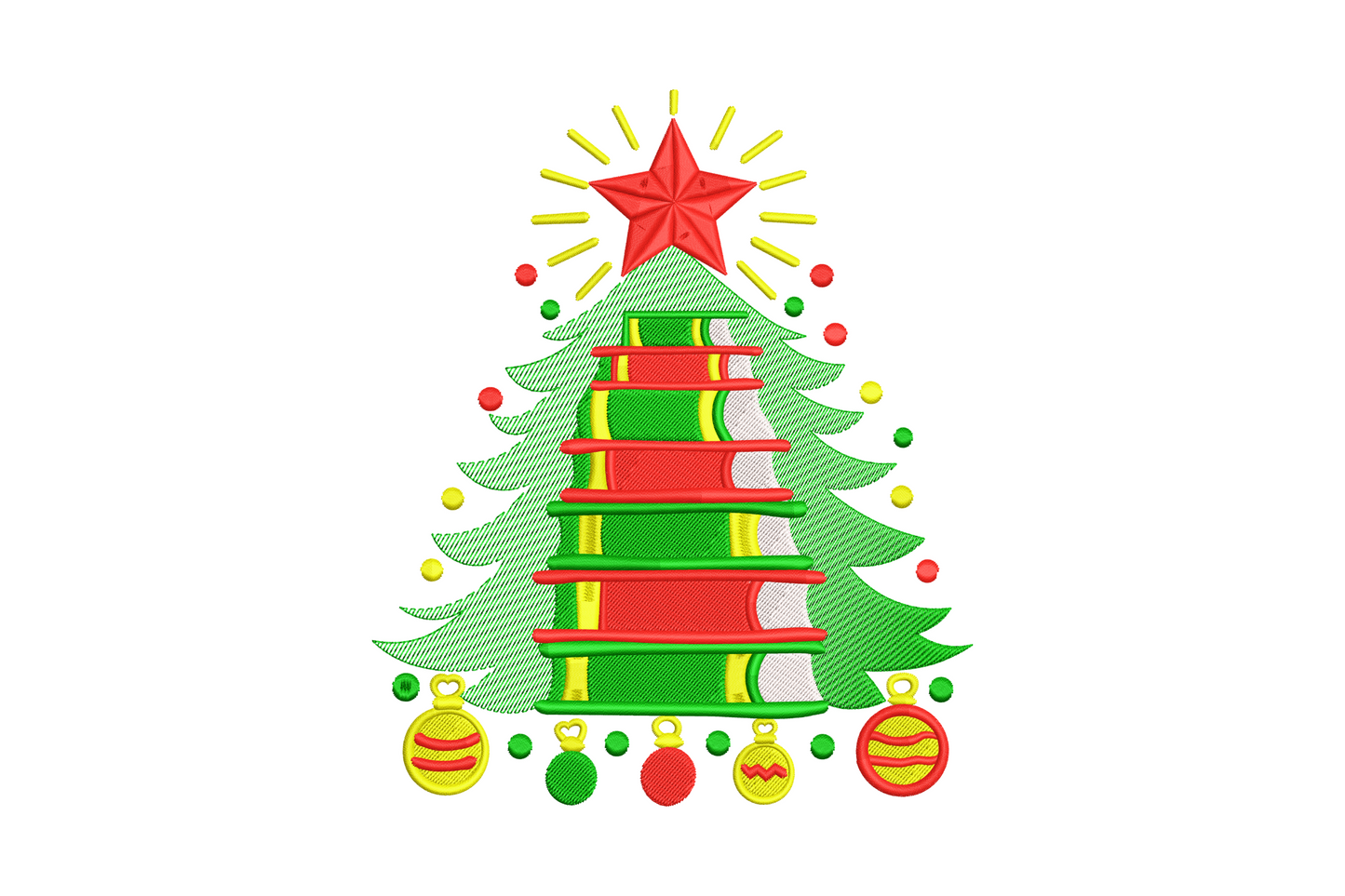 Retro Christmas tree embroidery design with flat tiered branches, red star, yellow ornaments and hanging bulb garland in four colors
