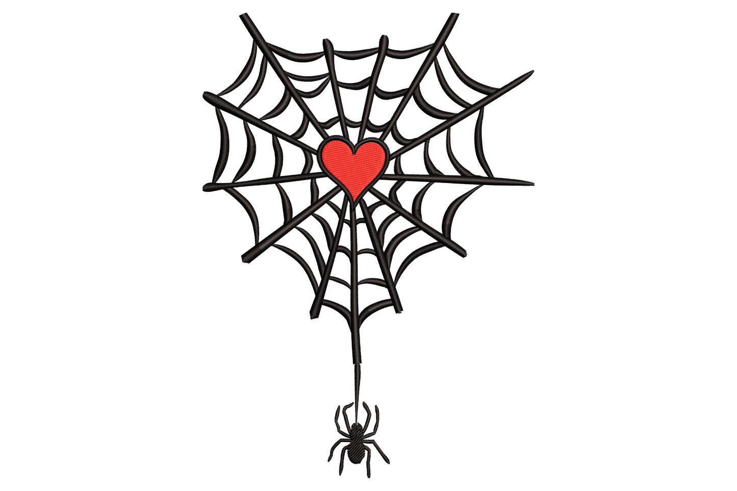 Halloween spider web shaped as a heart embroidery design on black fabric, cream web with scarlet heart outline