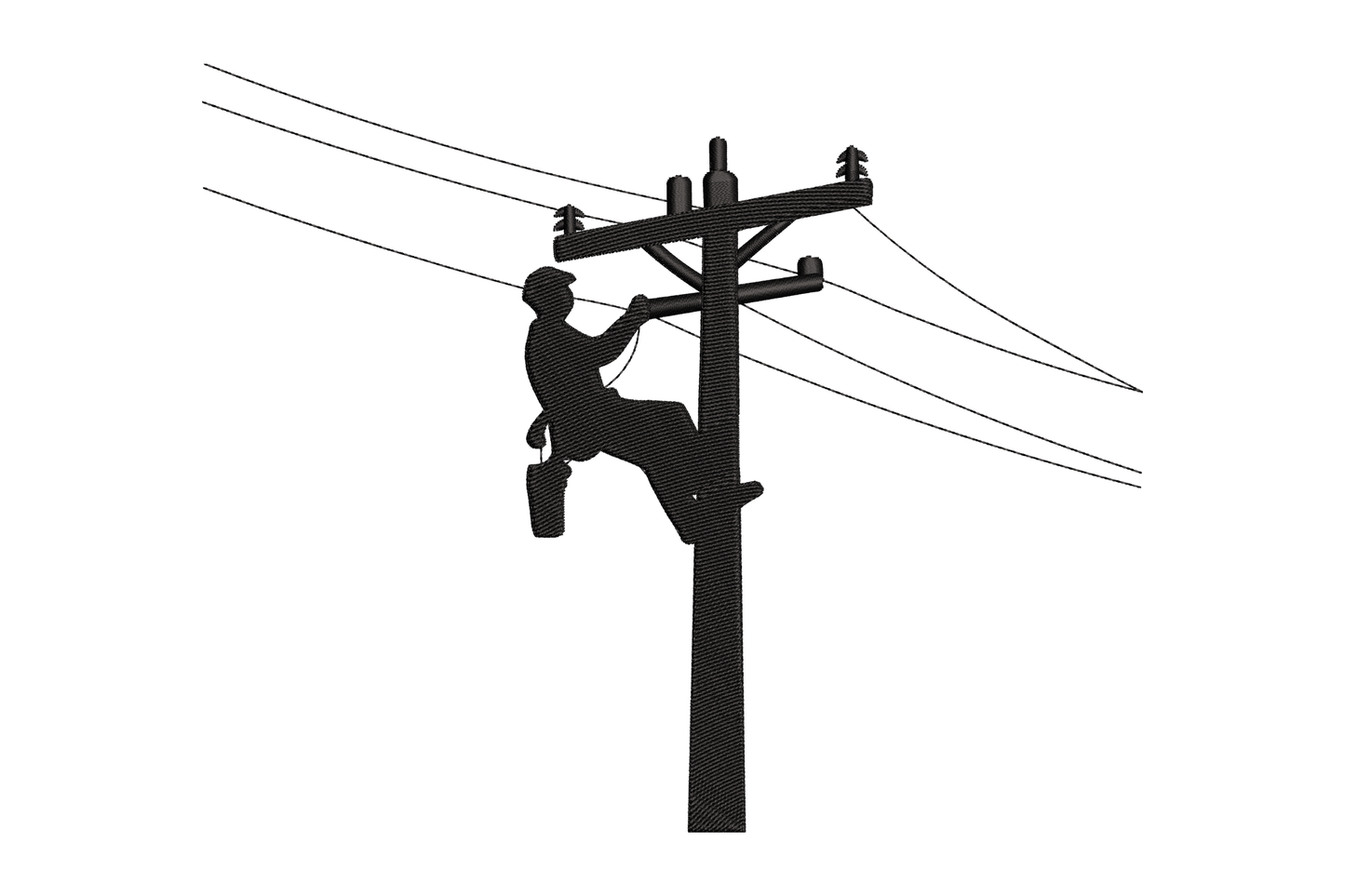 Silhouette of a person climbing a telephone pole with power lines.