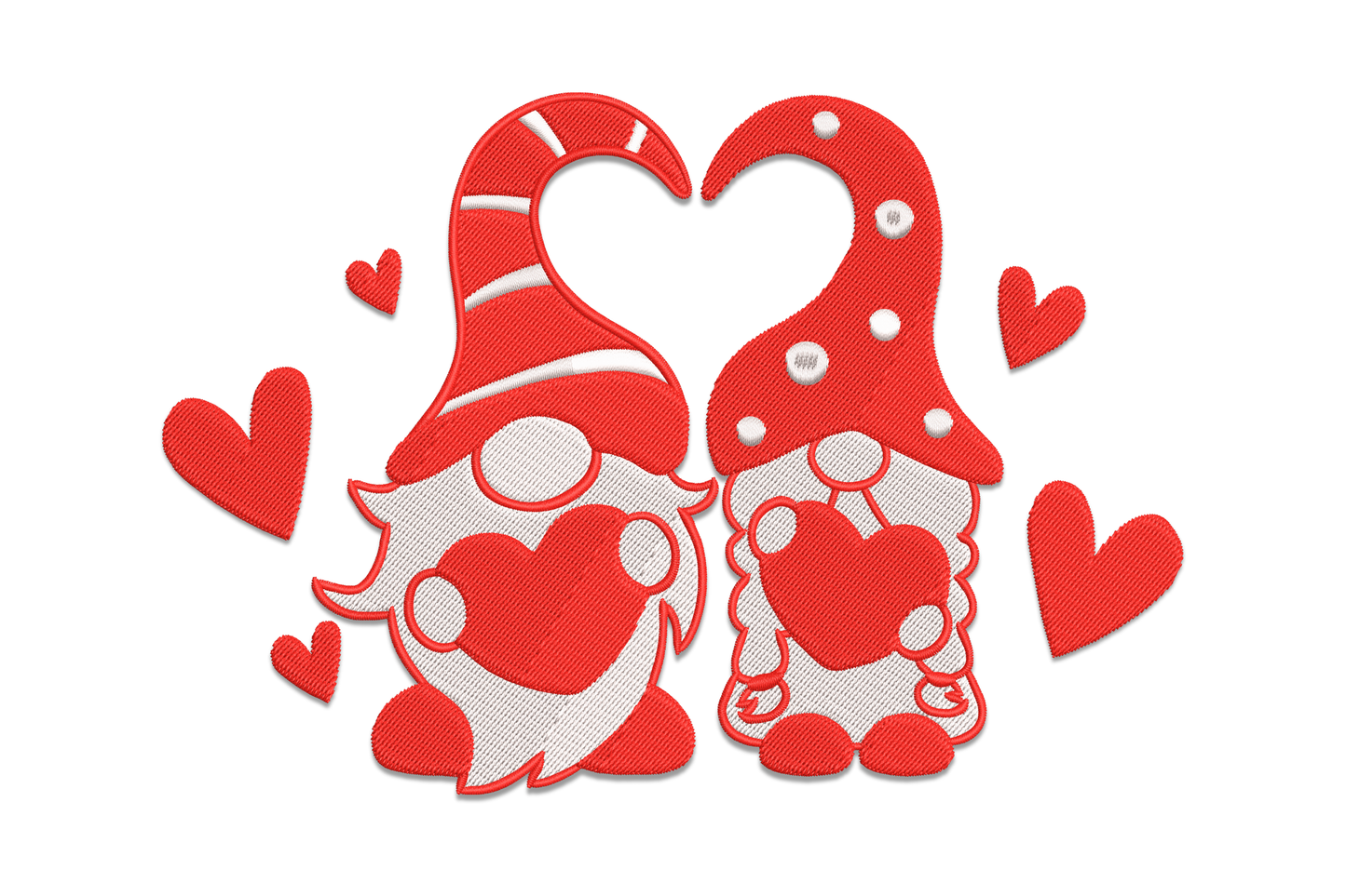 Valentine gnome couple embroidery design with red hearts and white accents, 5 sizes from 3.5 to 7.51 inches.