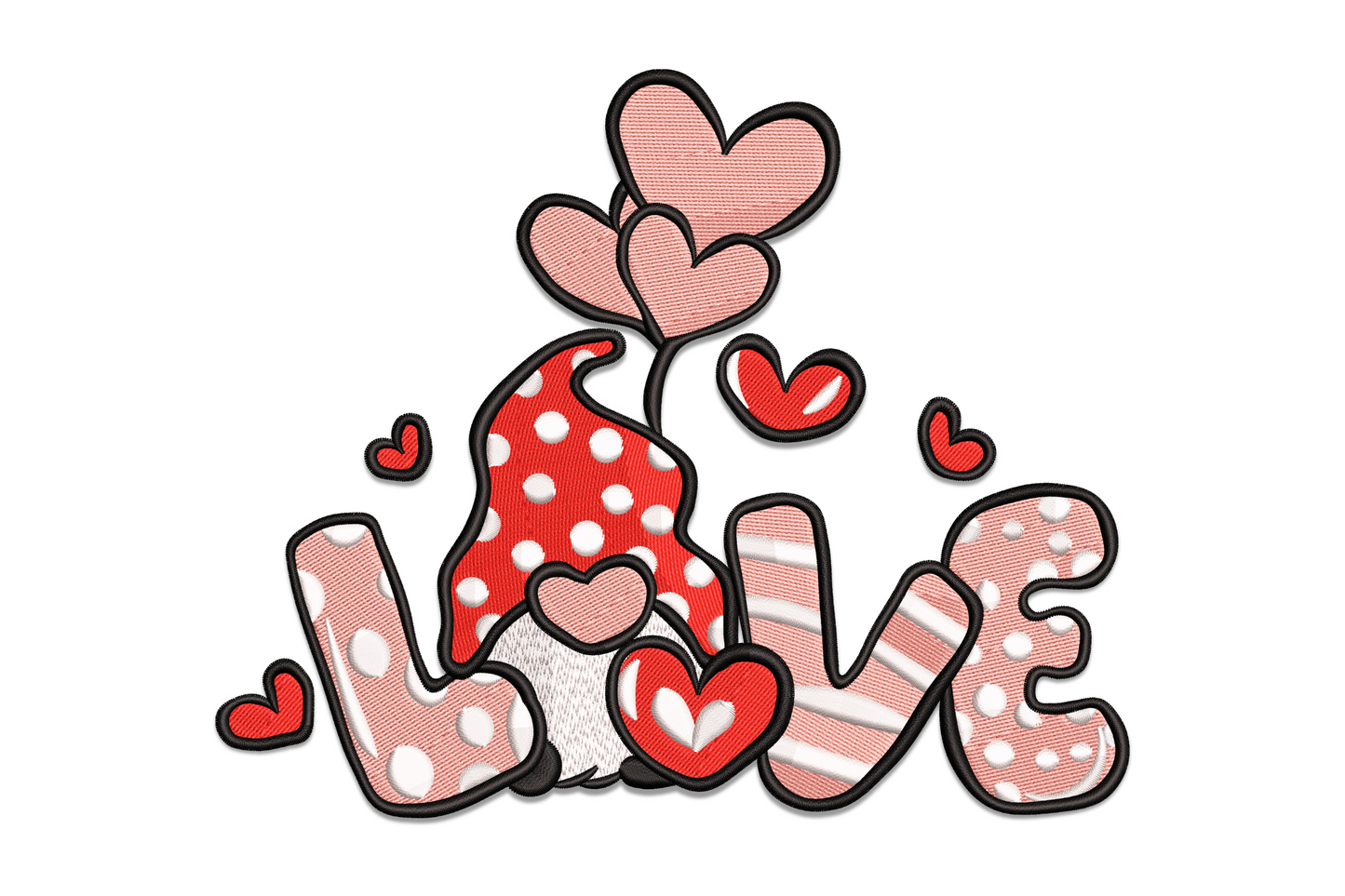 Chubby valentine gnome in big pointy hat holding a heart, red, cream, grey and black embroidery on white fabric
