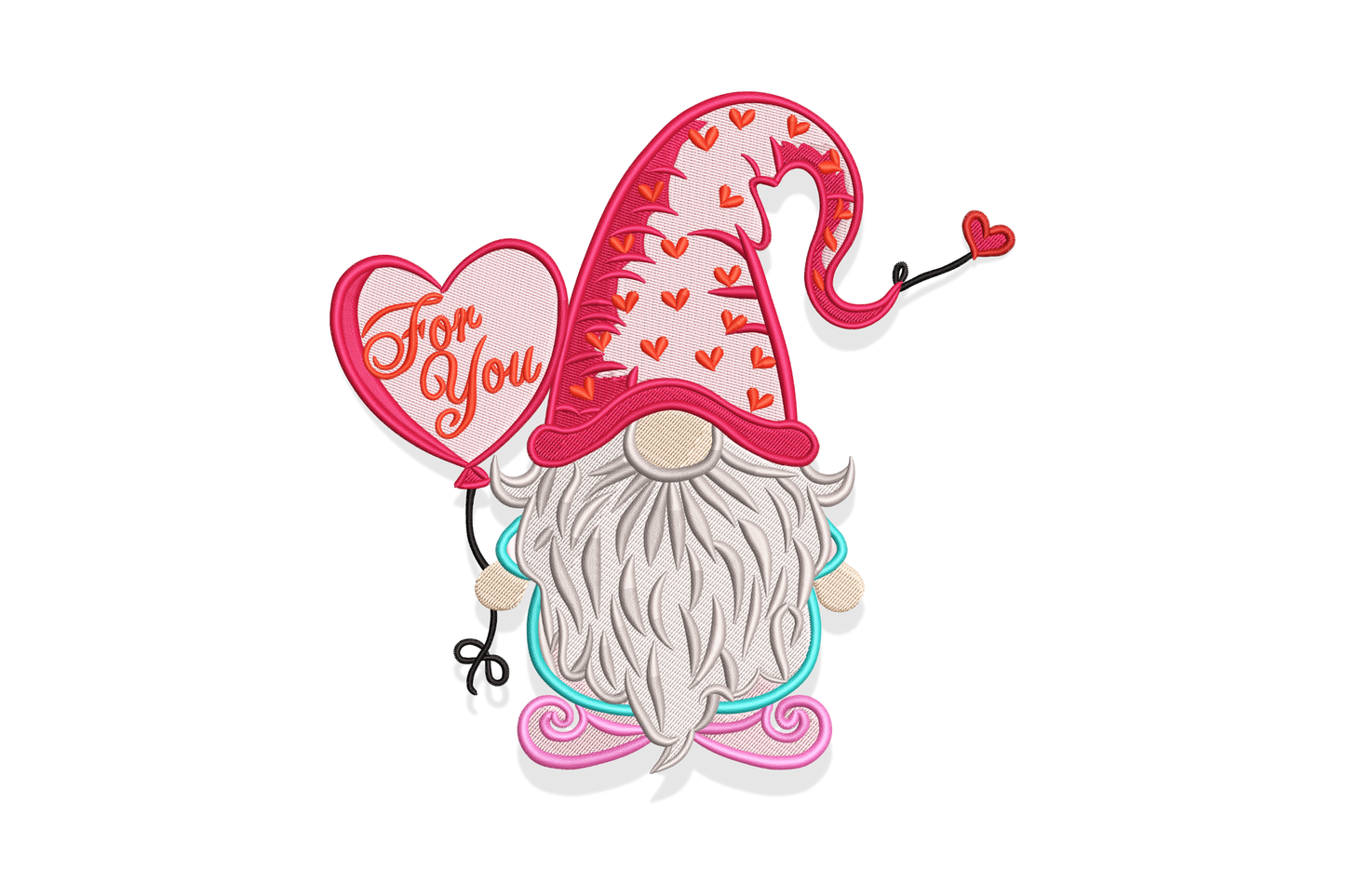 Valentine gnome with love machine embroidery design showing a detailed gnome with a blush pink heart-covered hat, pink heart balloon reading For You, grey layered beard, aqua collar and pink swirl shoes