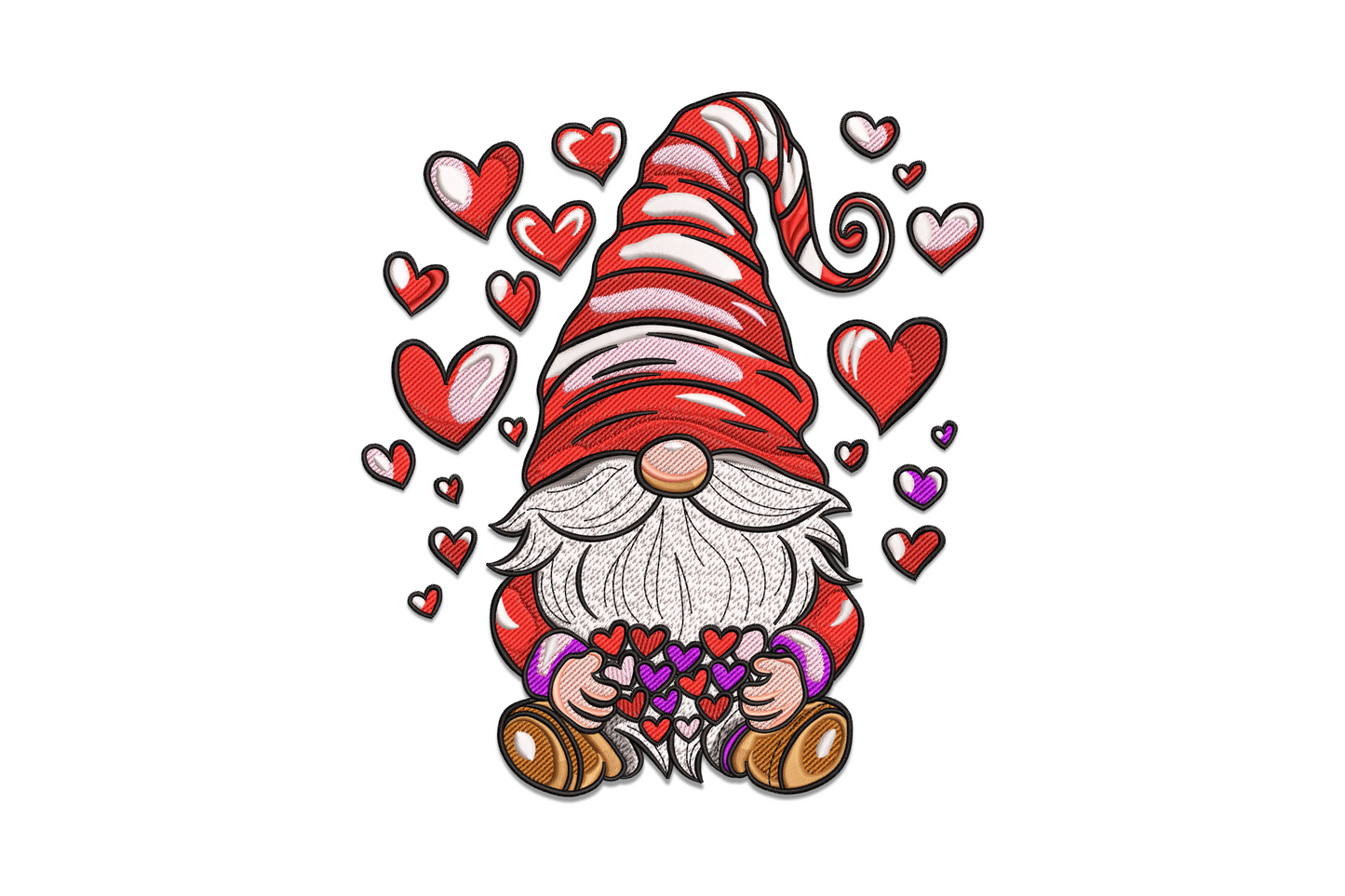Valentine gnome embroidery design holding red and pink heart balloons, chunky character with tall pointed hat