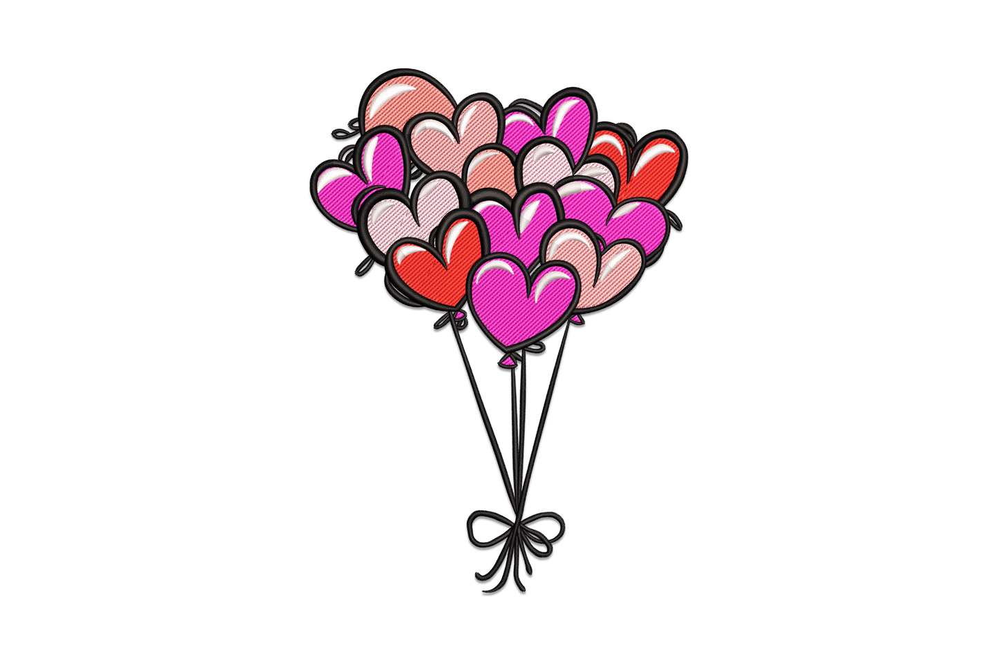Heart balloon bouquet embroidery with 7 heart-shaped balloons on curling strings tied together, valentines style