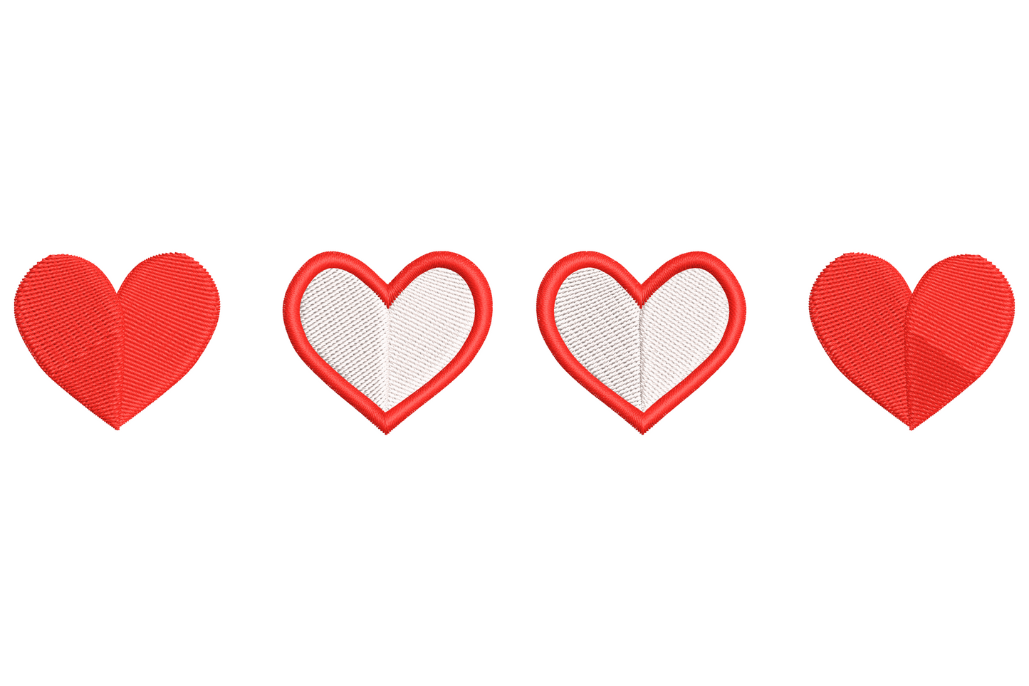 Valentine heart border embroidery design, four hearts in a row alternating solid red satin and open outline stitch.