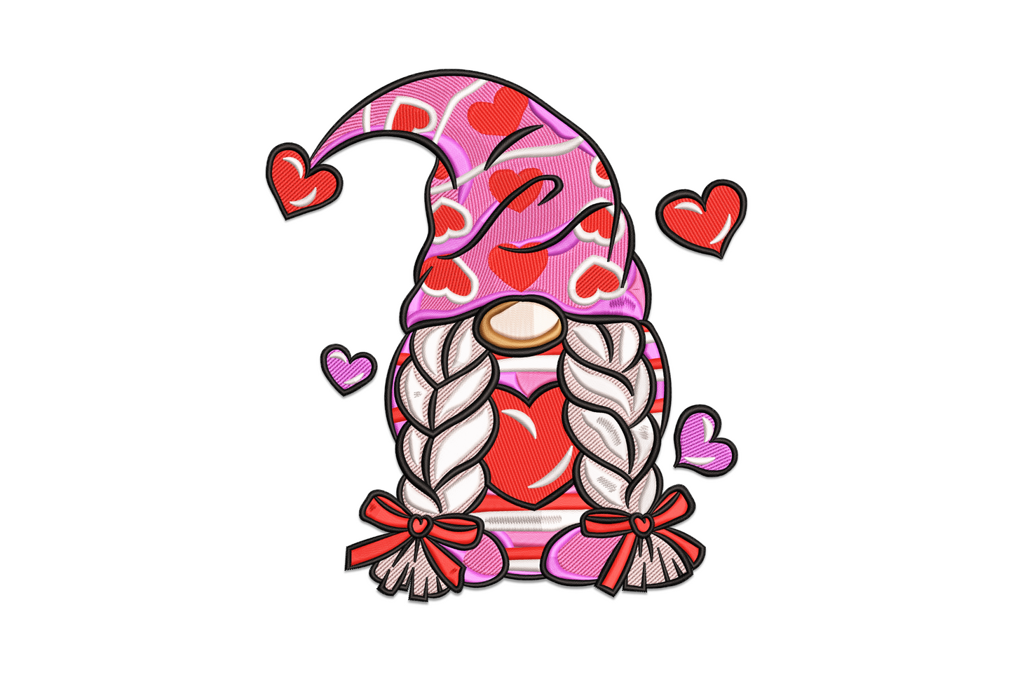Valentine gnome girl embroidery, tall pink heart-patterned hat, braided white beard, floating hearts and red ribbon bow shoes.