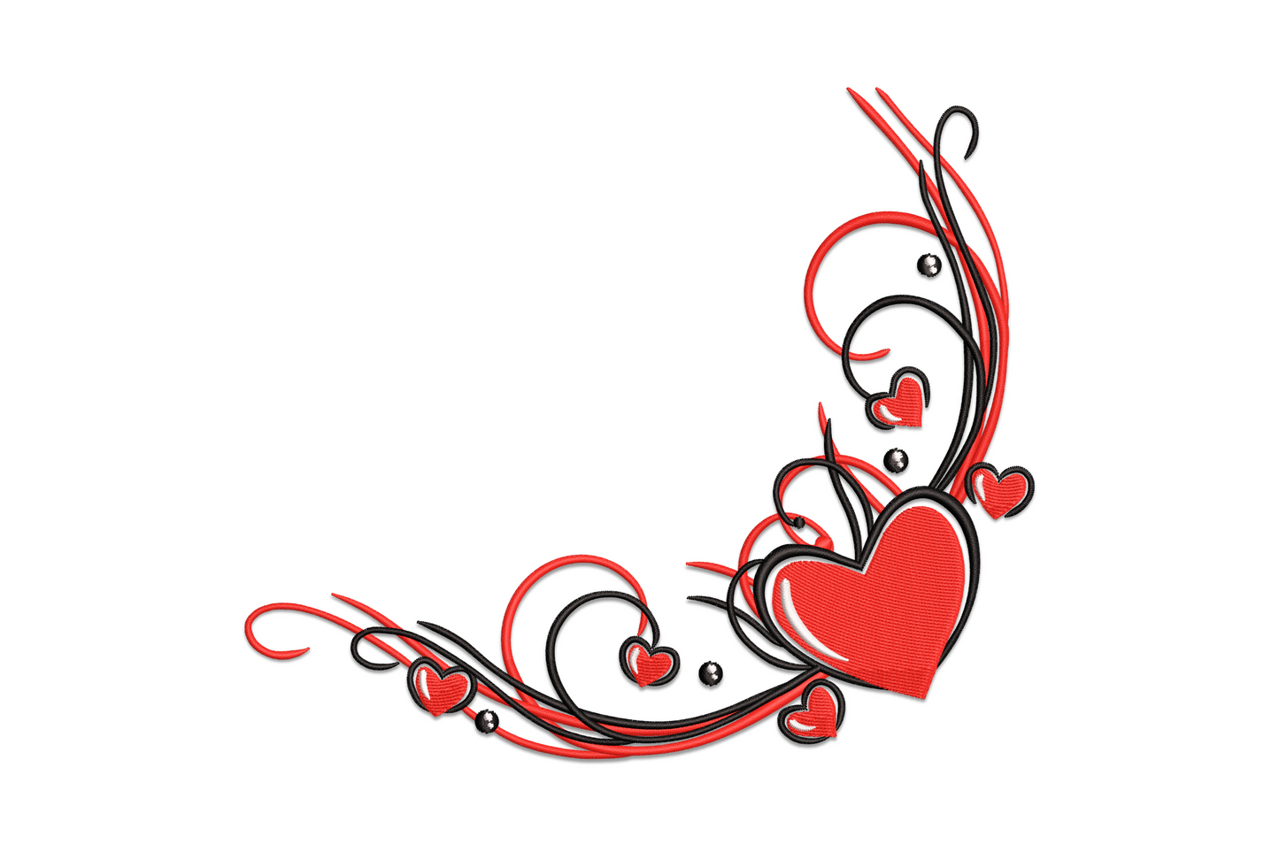 Valentine heart swirl corner embroidery design with red satin heart, black vine scrollwork and small scattered accent hearts.