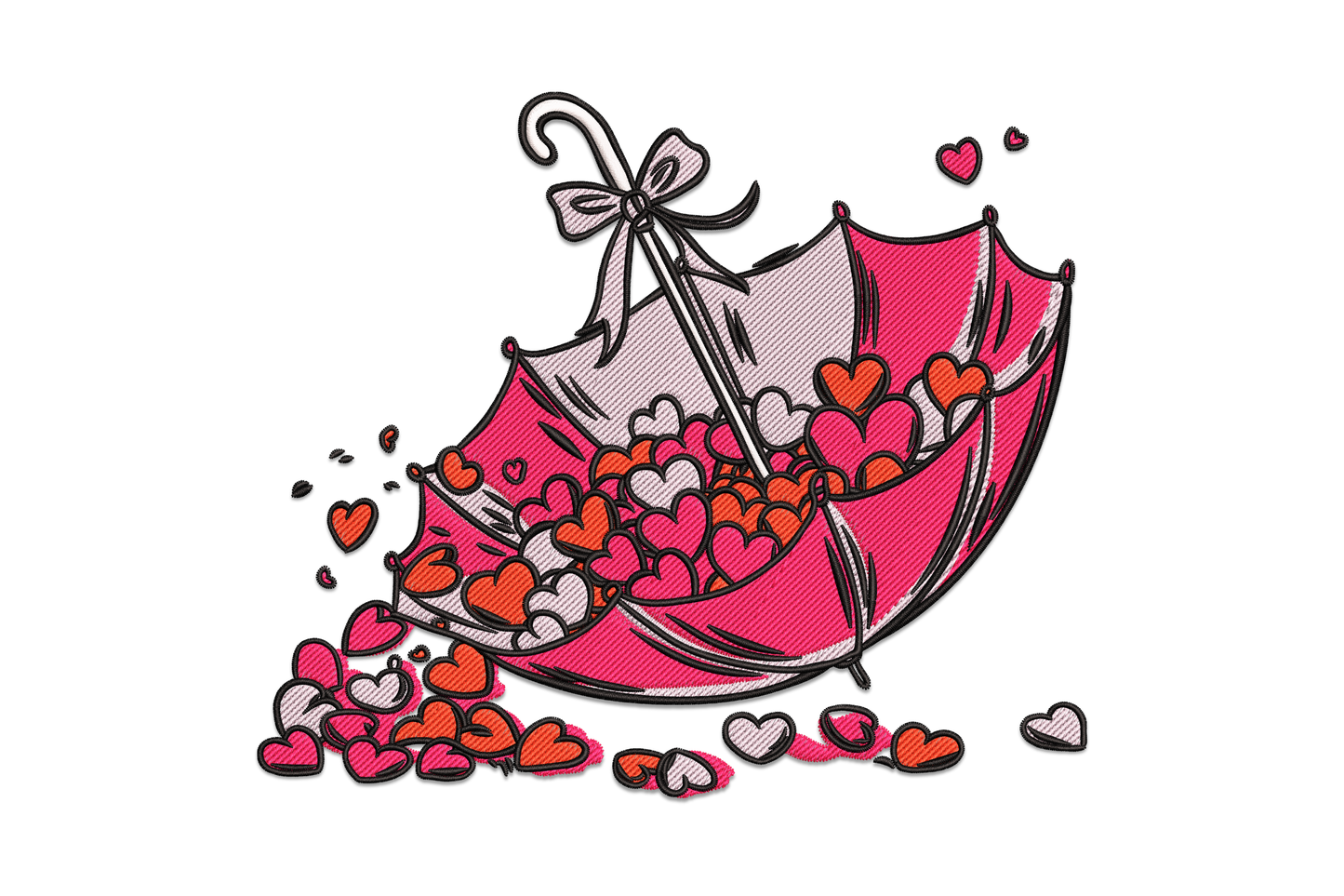 Valentine hearts umbrella embroidery, tilted pink umbrella with ribbon bow overflowing with red, orange and white hearts spilling out in a loose pile