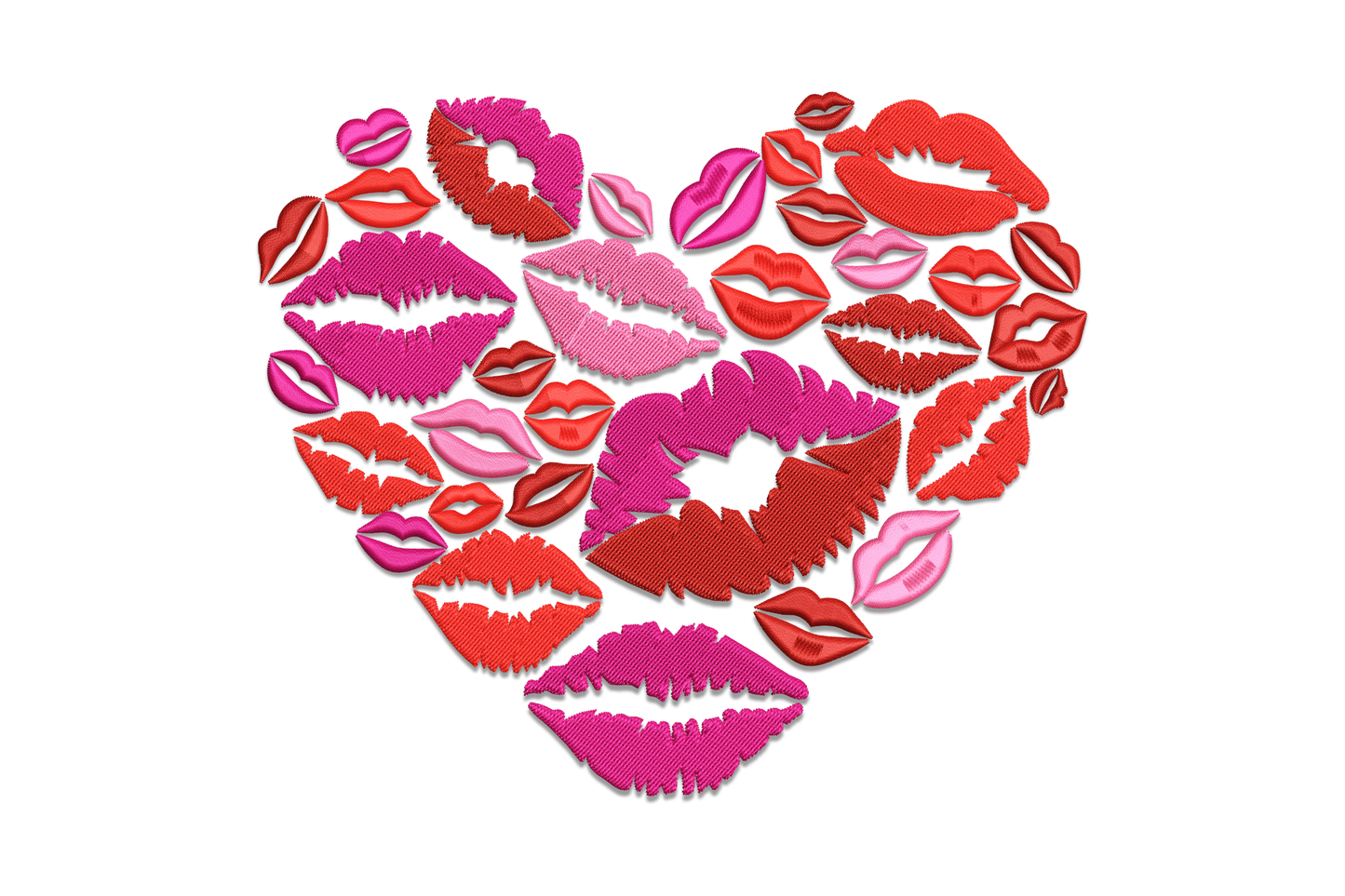 Valentine lips heart embroidery design made from overlapping kiss prints in red, crimson, magenta, and pink on white background.