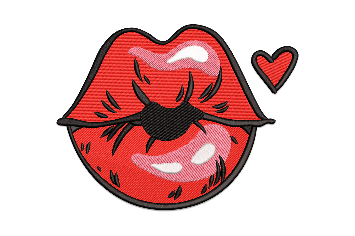 Bold red lips pressed onto a heart shape embroidery design with satin fill and directional stitching, valentine kiss pattern