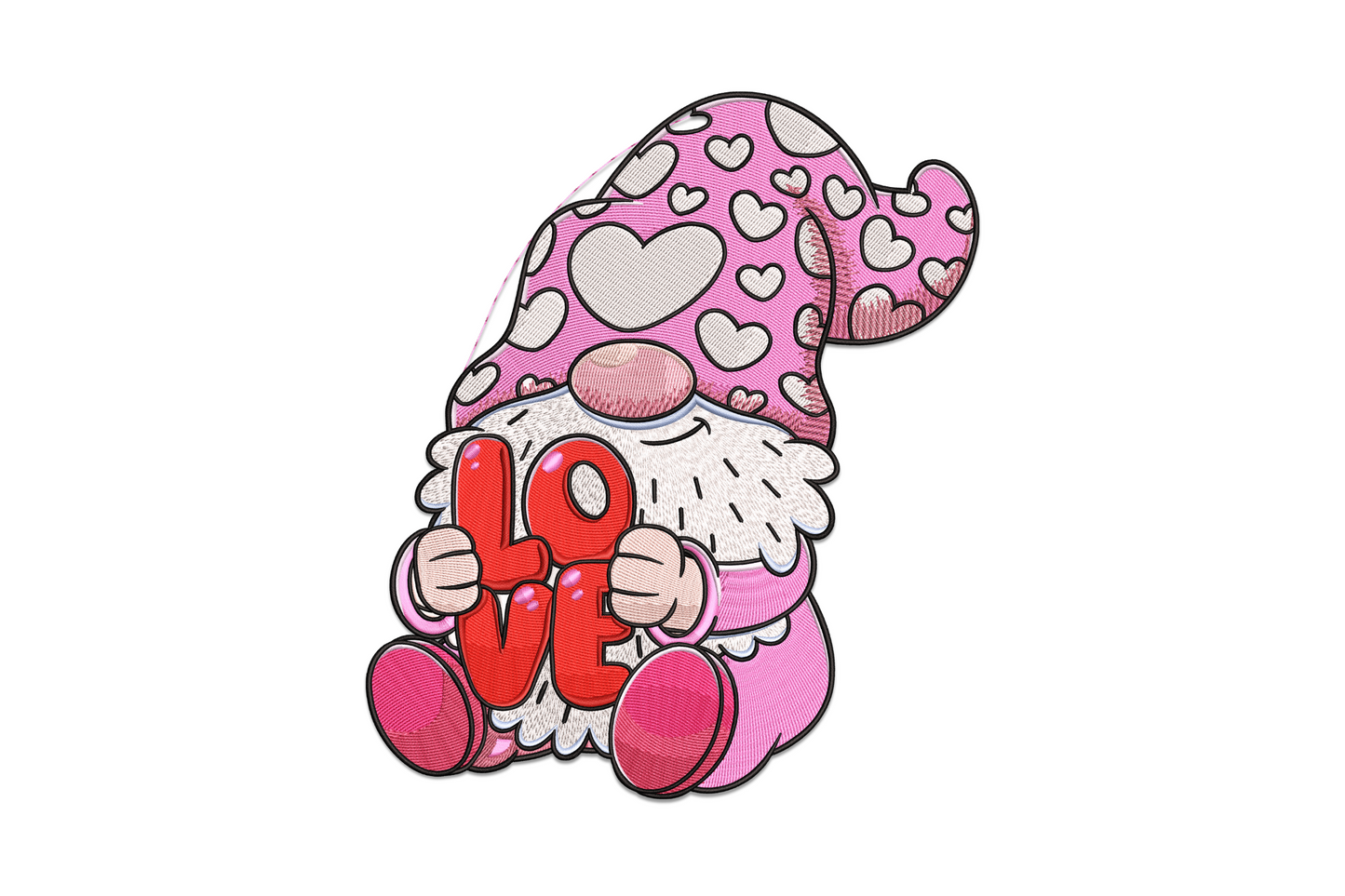 Valentine love gnome embroidery design, pink heart-spotted hat, red LOVE sign, 12-colour fill