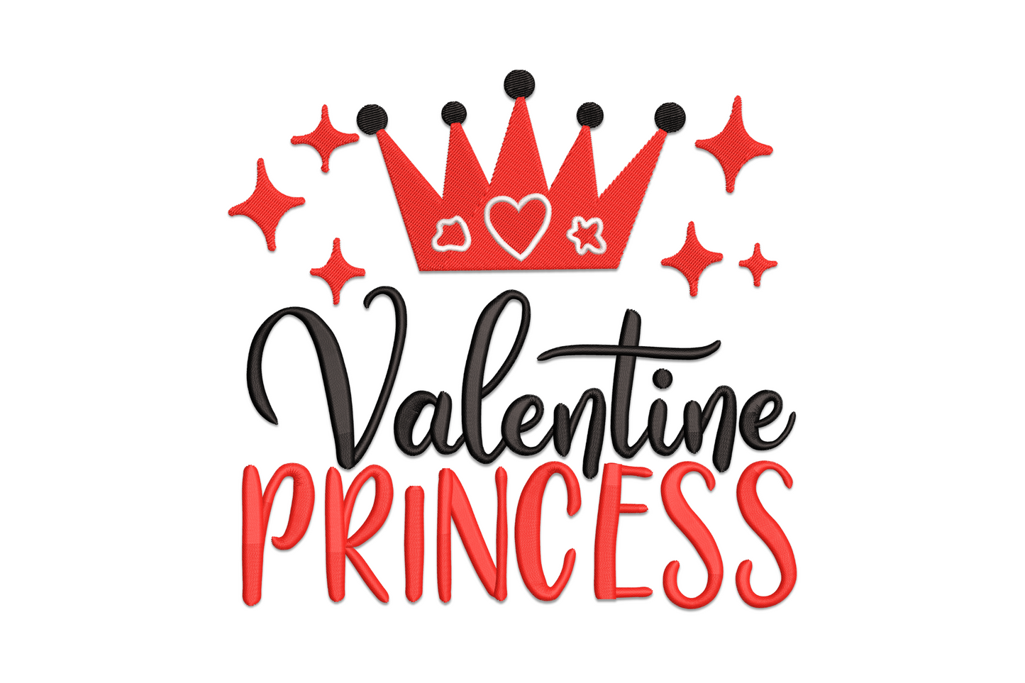 Machine embroidery design of a princess crown with heart tips in rosy pink and gold tones, clean satin stitch Valentine style
