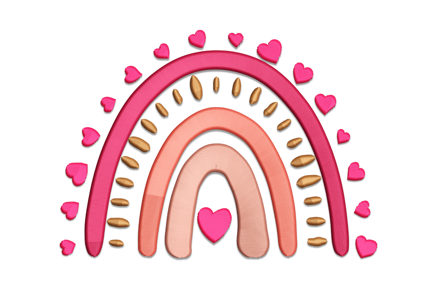 Valentine rainbow heart embroidery design with three blush-to-crimson arches and small satin hearts along the outer band