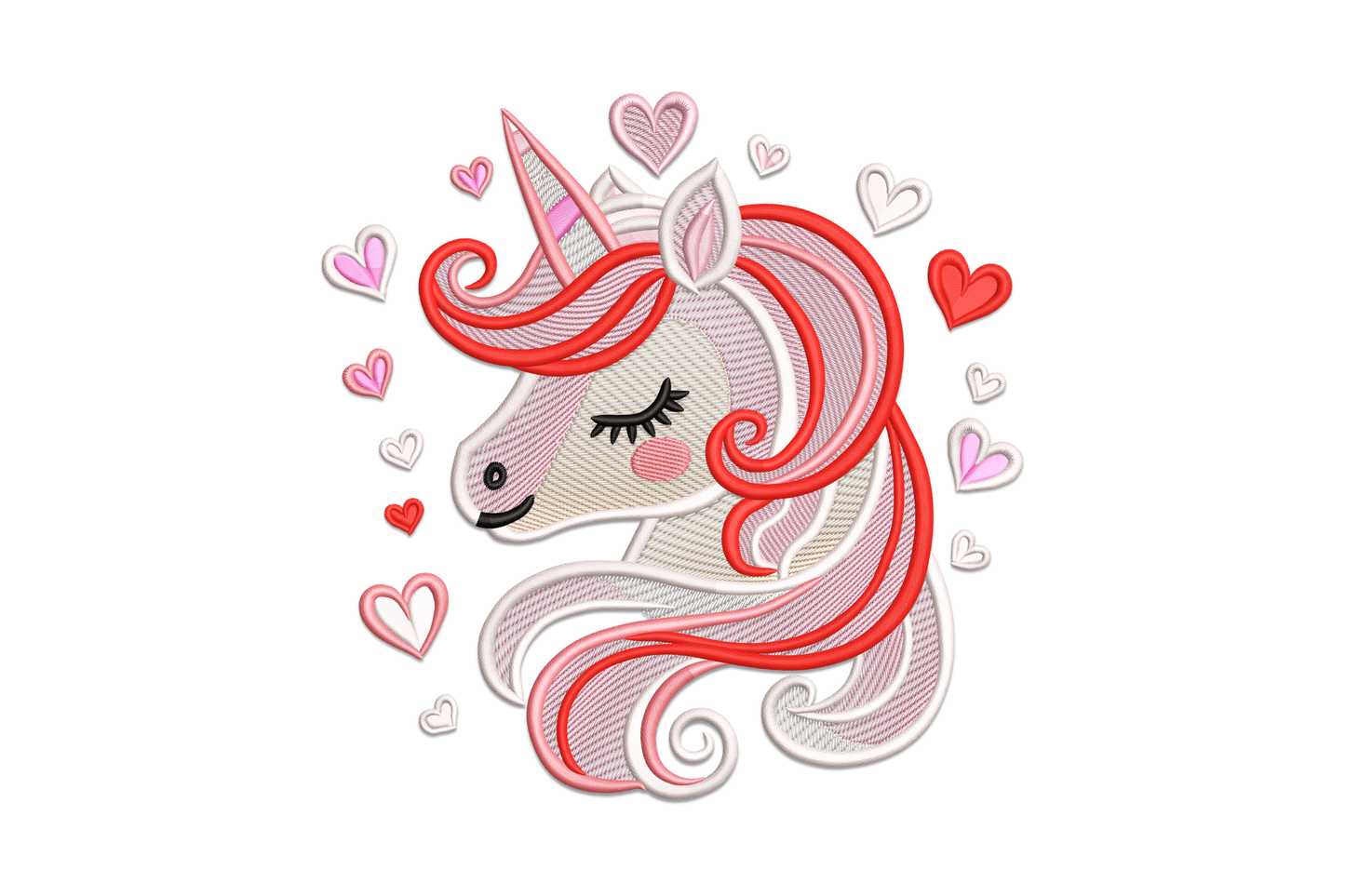 Valentine unicorn hearts embroidery, kawaii-style unicorn with rainbow mane and floating hearts in 7 colours on lavender background
