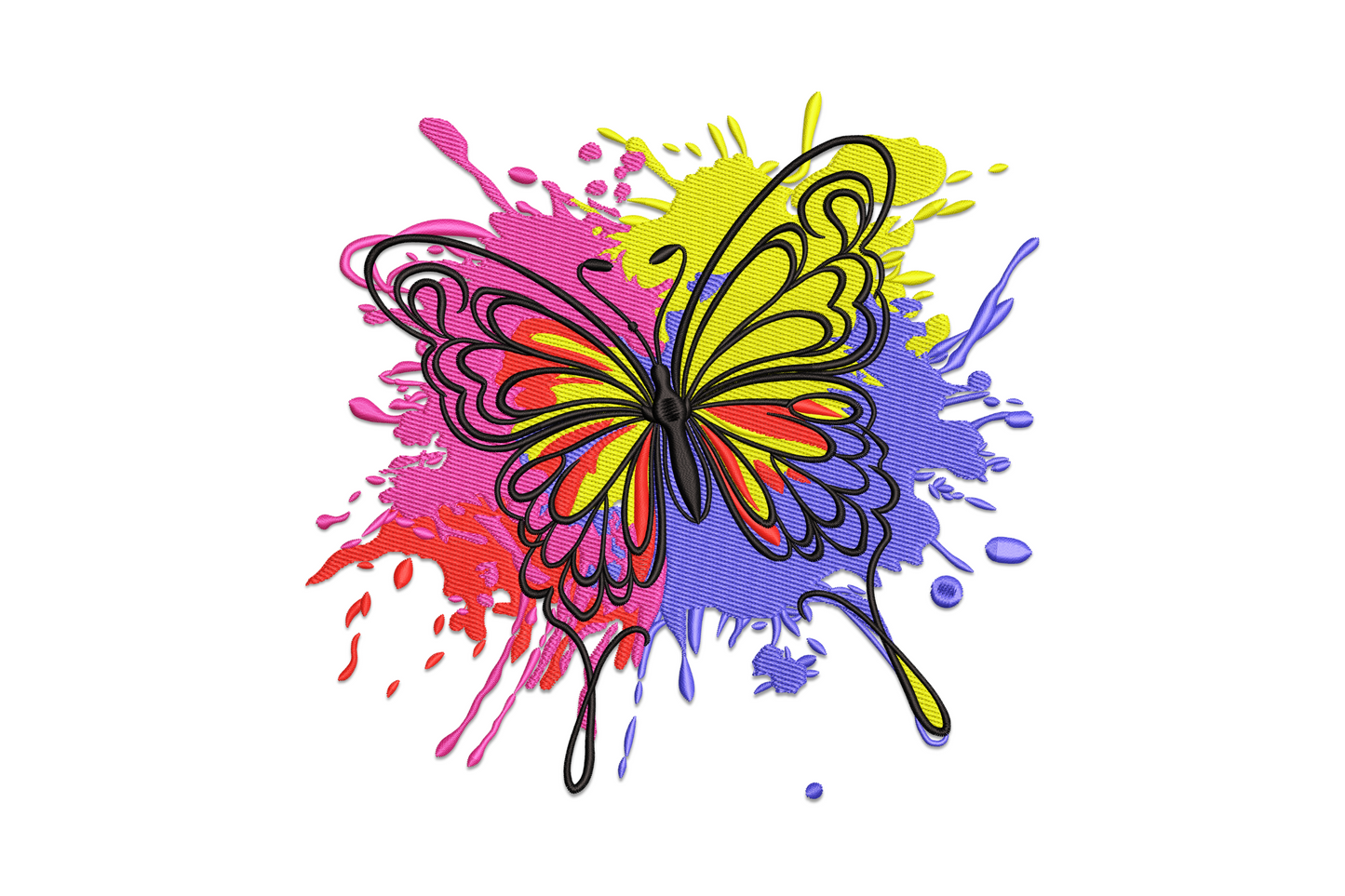 Vibrant butterfly machine embroidery design with orange, cobalt blue, and black wings spread wide, symmetrical floral-nature style