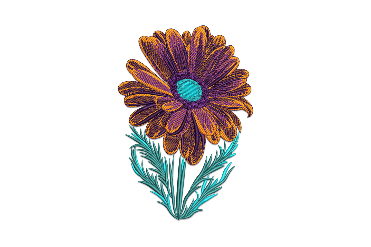 Vibrant daisy flower embroidery with burnt orange petals, deep purple centre disc, teal leaves and navy directional stitch outlines.