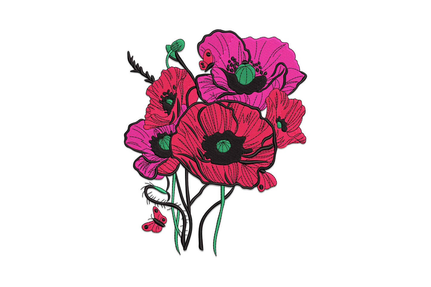 Vibrant single poppy flower machine embroidery design, wide petals with crimson-to-scarlet shading, dark centre and stem in 4 colours
