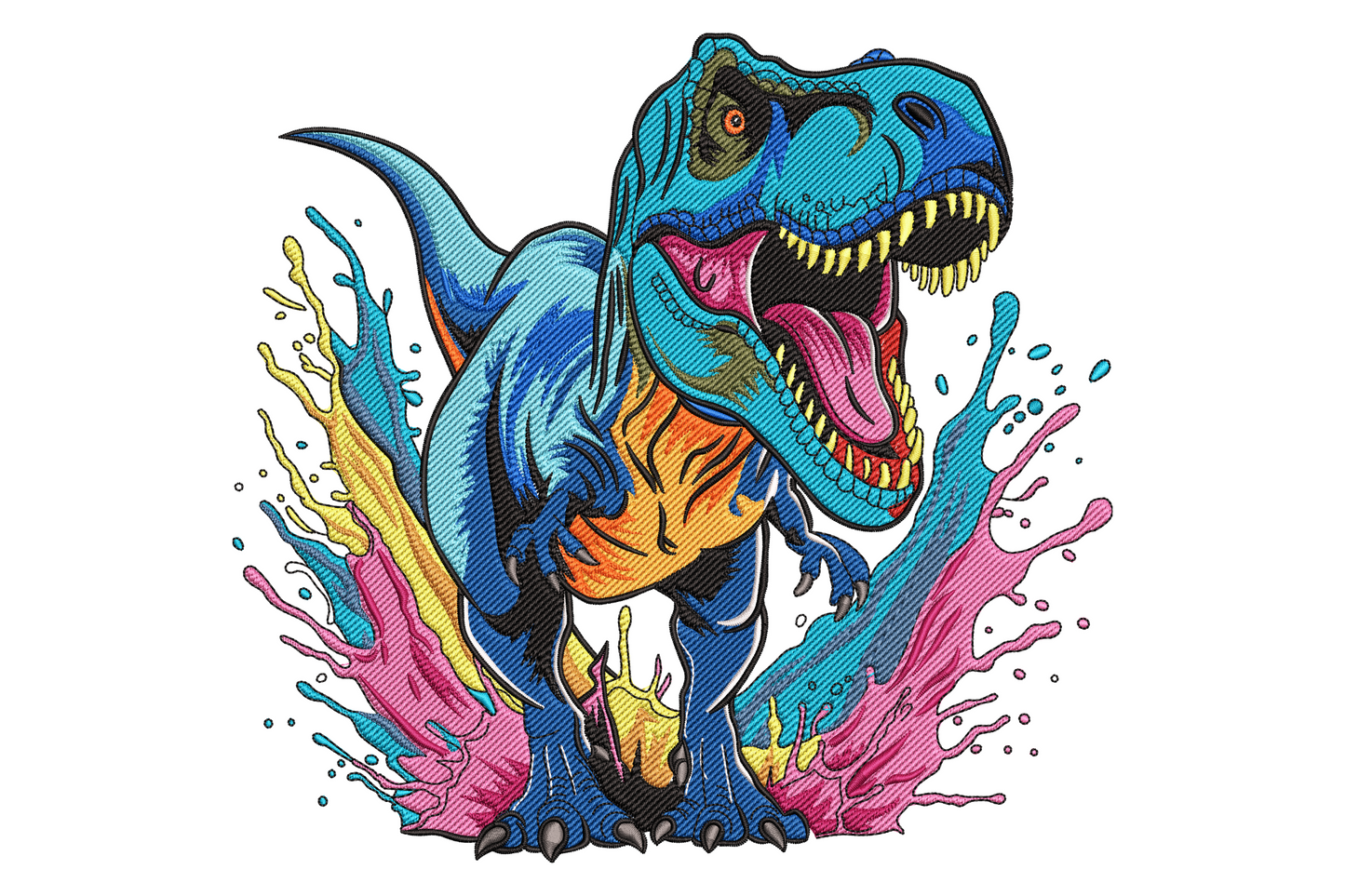 Vibrant T-rex dinosaur embroidery design, open jaw roaring pose with electric teal, lime green and orange scale texture