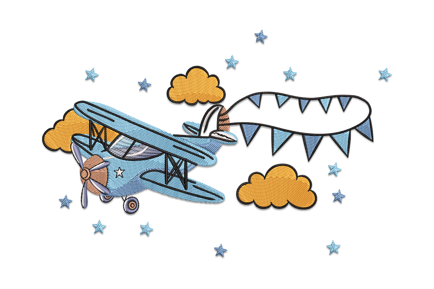 Vintage biplane embroidery design pulling triangular flag bunting through orange clouds and blue stars, kids nursery style.