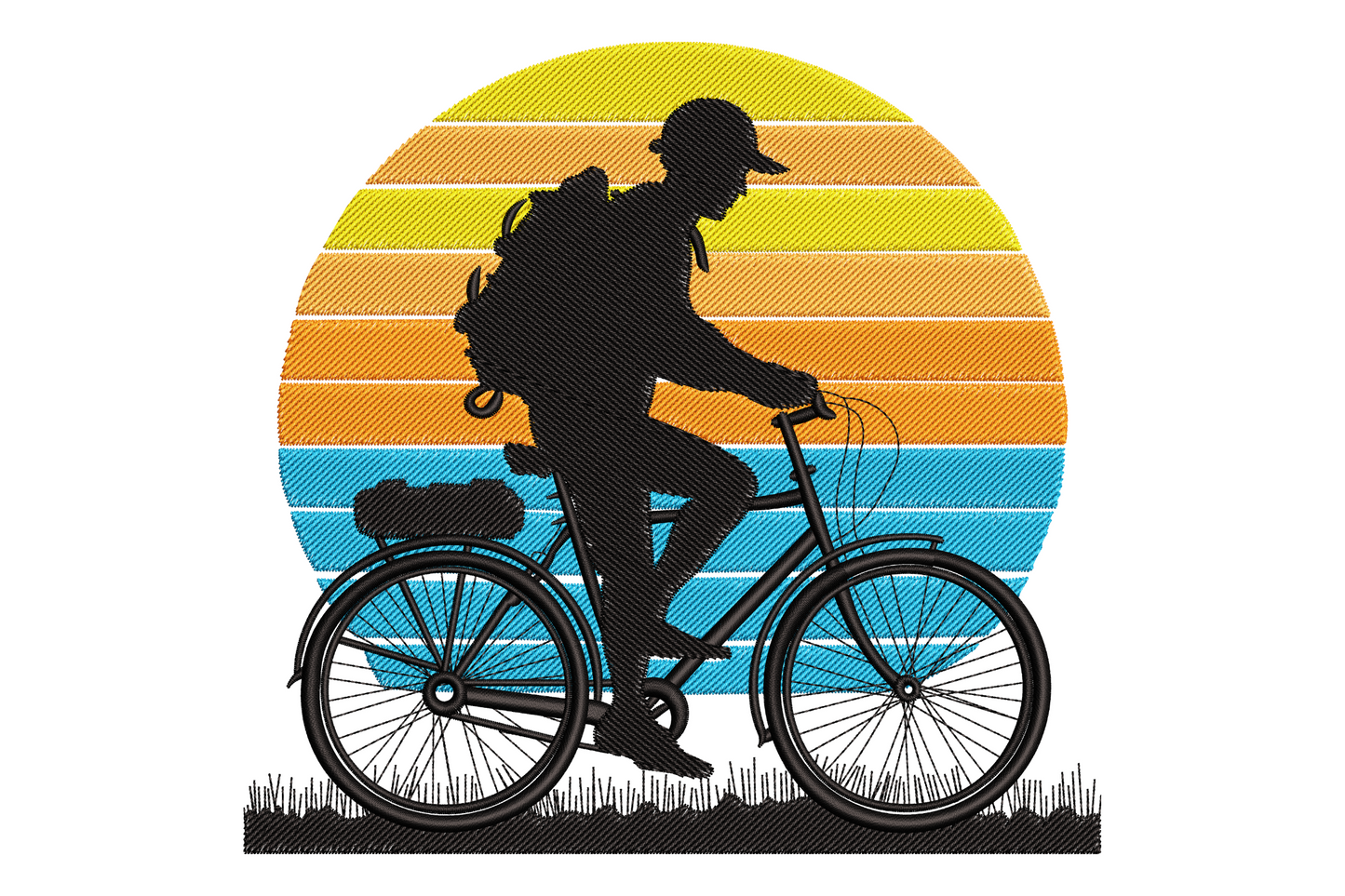 Vintage road bicycle silhouette in black against a layered amber and coral sunset, outline wheel spokes, five-colour landscape embroidery design on light fabric.