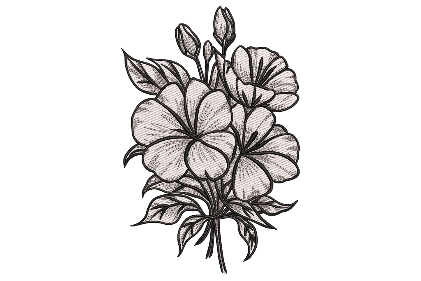 Vintage black and white flower bouquet embroidery with crosshatch fills, buds and leaves, engraving style, 9 sizes.