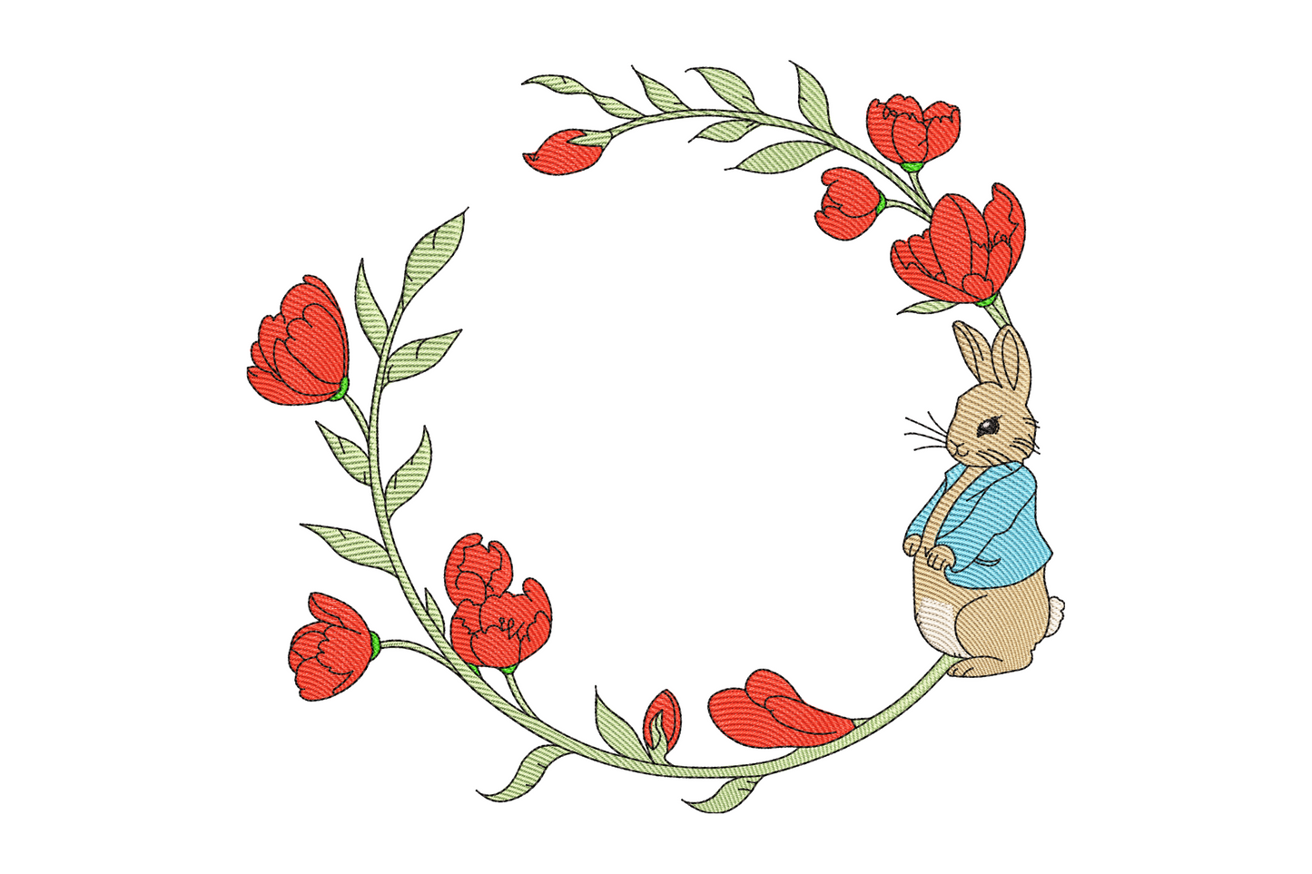 Vintage bunny inside floral wreath embroidery design, sitting rabbit with flowers and leaves, pastel colours, 5 sizes