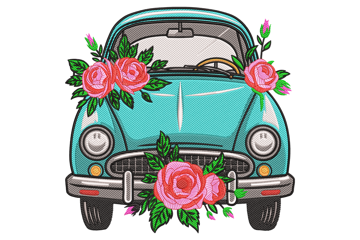 Vintage turquoise convertible wedding car embroidery with chrome grille, pink rose blooms across hood, green leaves, cream highlights.