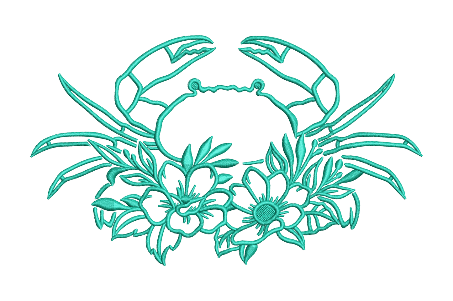 Vintage crab with floral embroidery design showing a top-down crab outline with blooming flowers underneath, single-color teal stitching