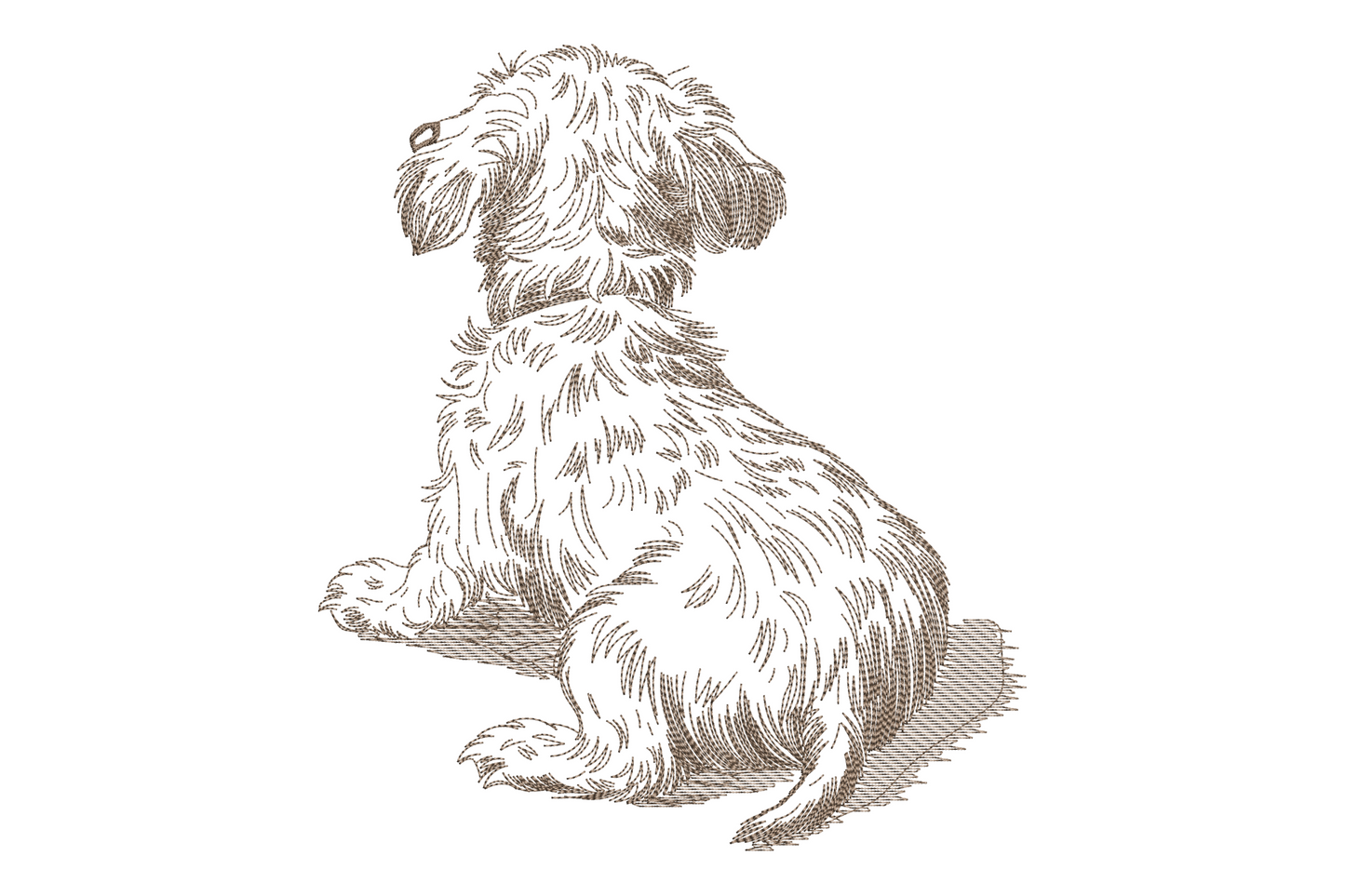 Vintage hand-sketch style dog embroidery design featuring a seated dog in sepia single-thread linework with cross-hatching detail on muzzle and drooping ears on kraft pillow fabric
