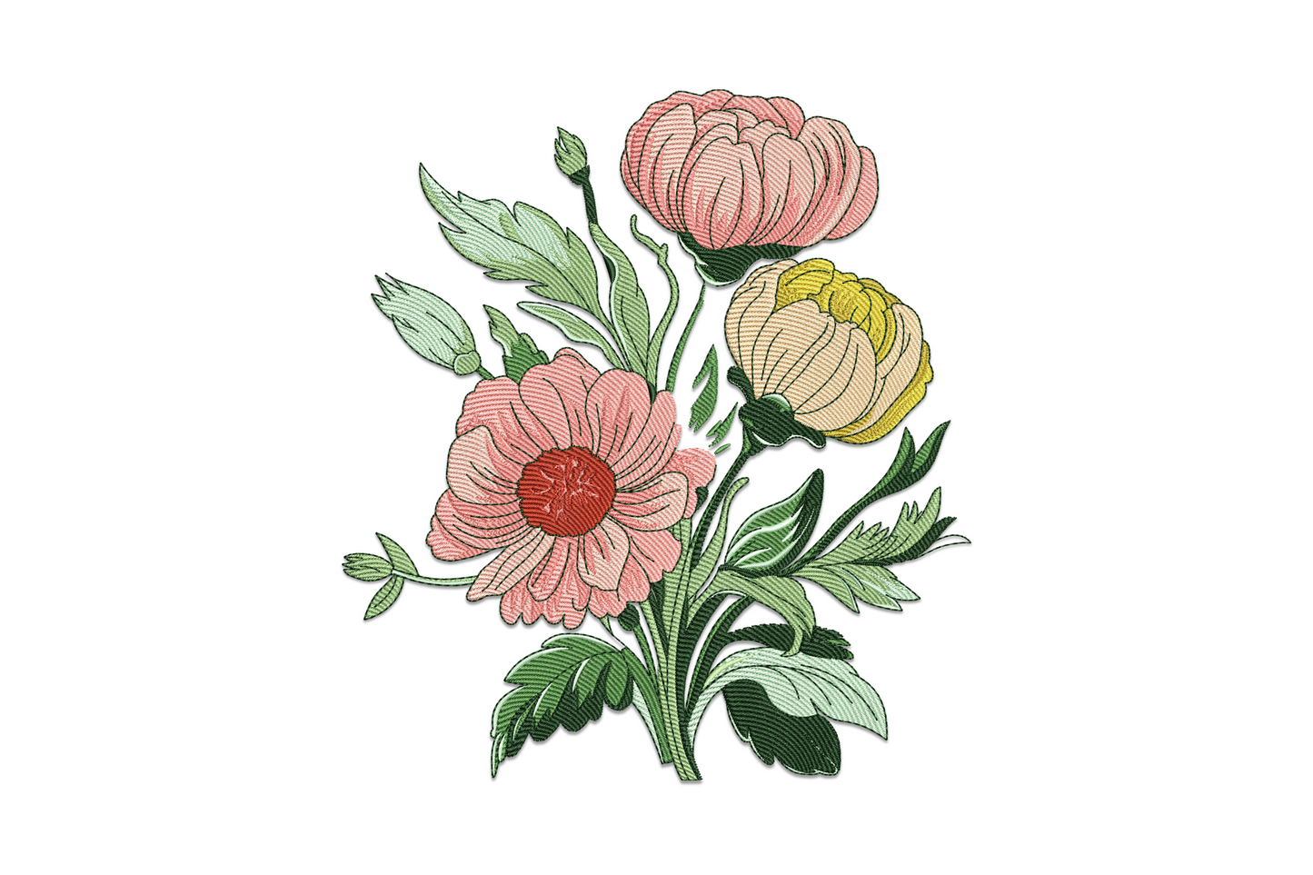 Vintage botanical bouquet with pink peony, daisy, and cream ranunculus, dark etching-style green foliage