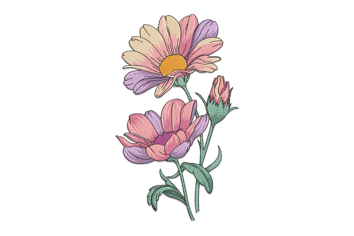 Vintage floral daisy bouquet embroidery design with ivory, lavender, and salmon-pink blooms on sage-green stems.