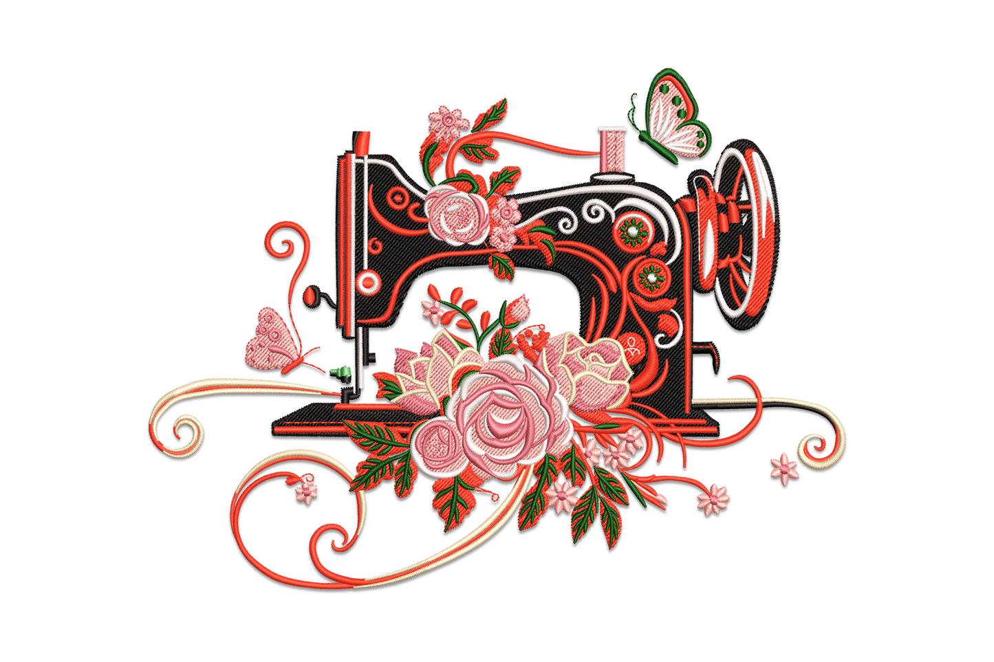 Vintage sewing machine embroidery design surrounded by trailing floral sprigs and decorative curls, in dusty rose, sage green and cream thread