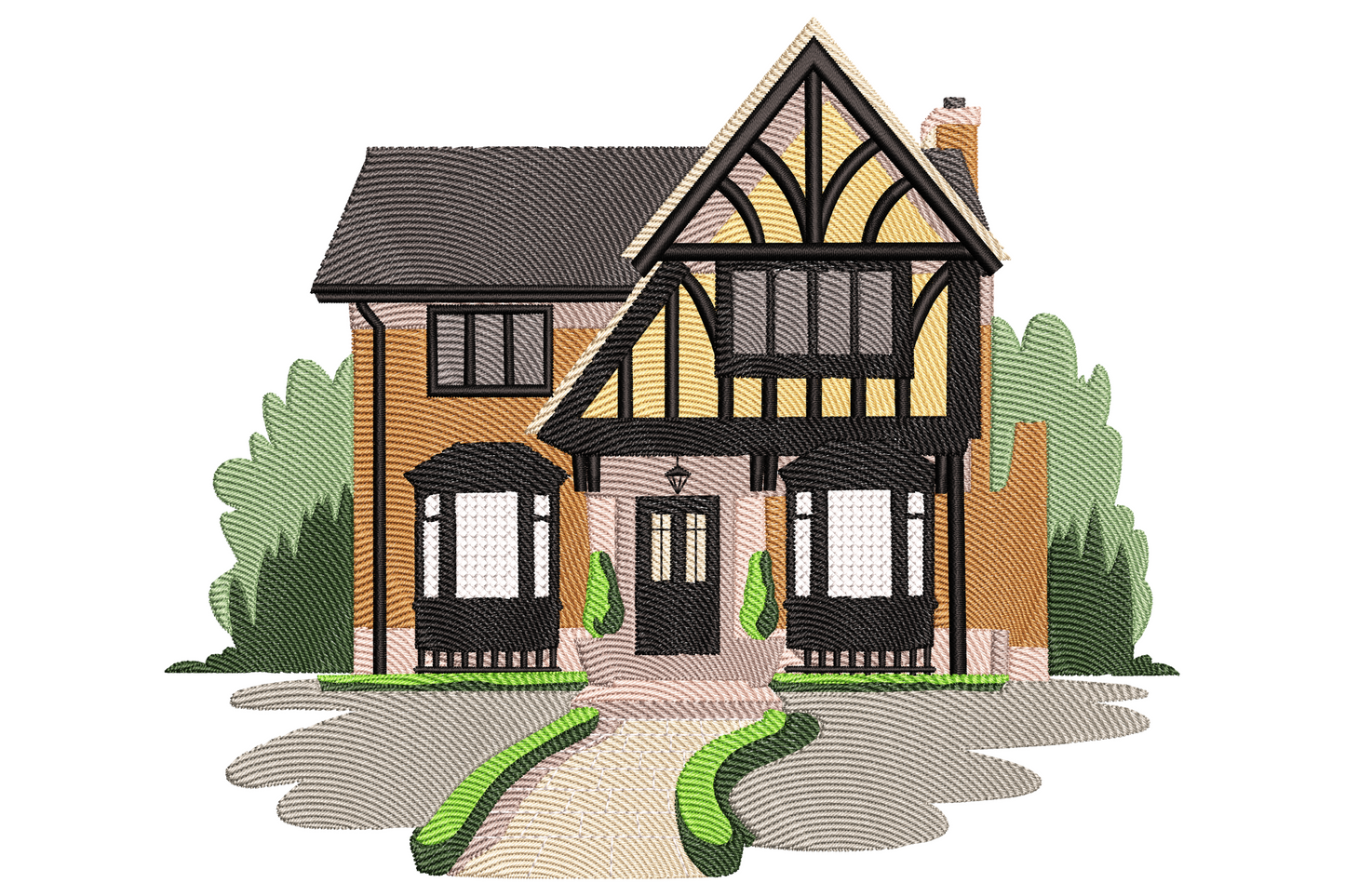 Vintage tudor cottage embroidery design with sand walls, timber framing, grey shingle roof and green hedges