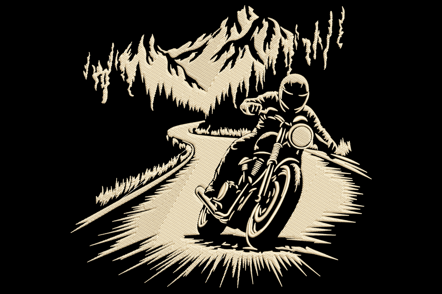 Vintage motorcycle rider embroidery design, single colour woodcut style with mountain road scene, helmet rider leaning, 9 sizes.