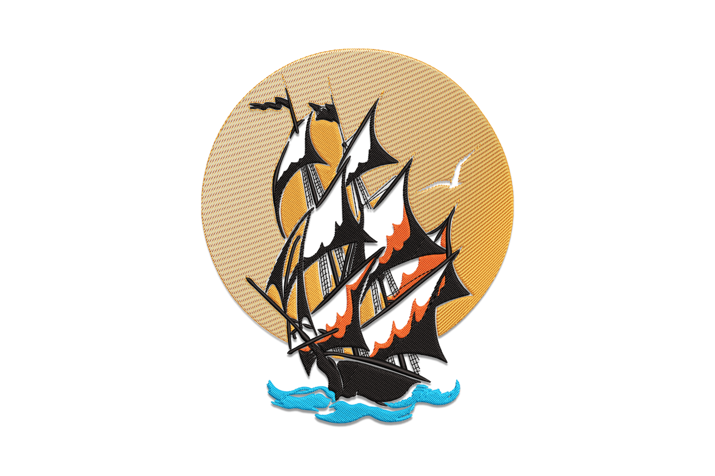 Vintage pirate ship with sails and rigging embroidery design, 4 colours, 5 sizes 3.5 to 7.5 inches wide