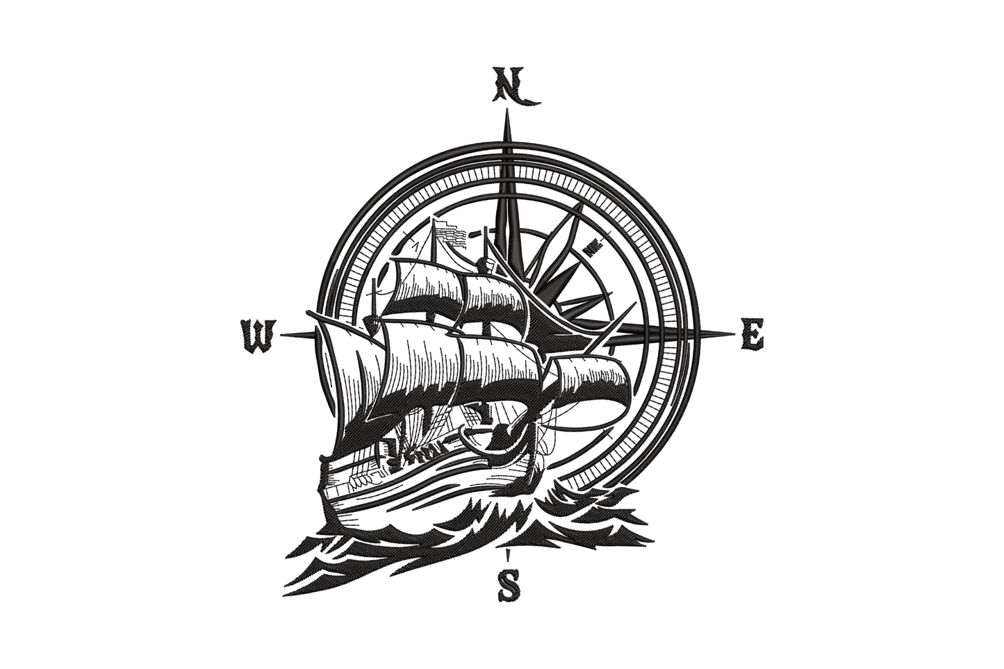 Vintage sailing ship compass rose embroidery design, galleon in full sail with N S E W markers, 5 sizes up to 7.5 inches, single colour