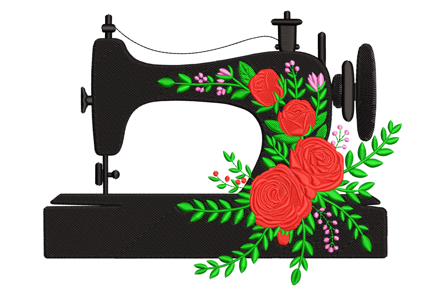 Black vintage sewing machine embroidery with red roses and green leaves growing from the right side, cottagecore craft style